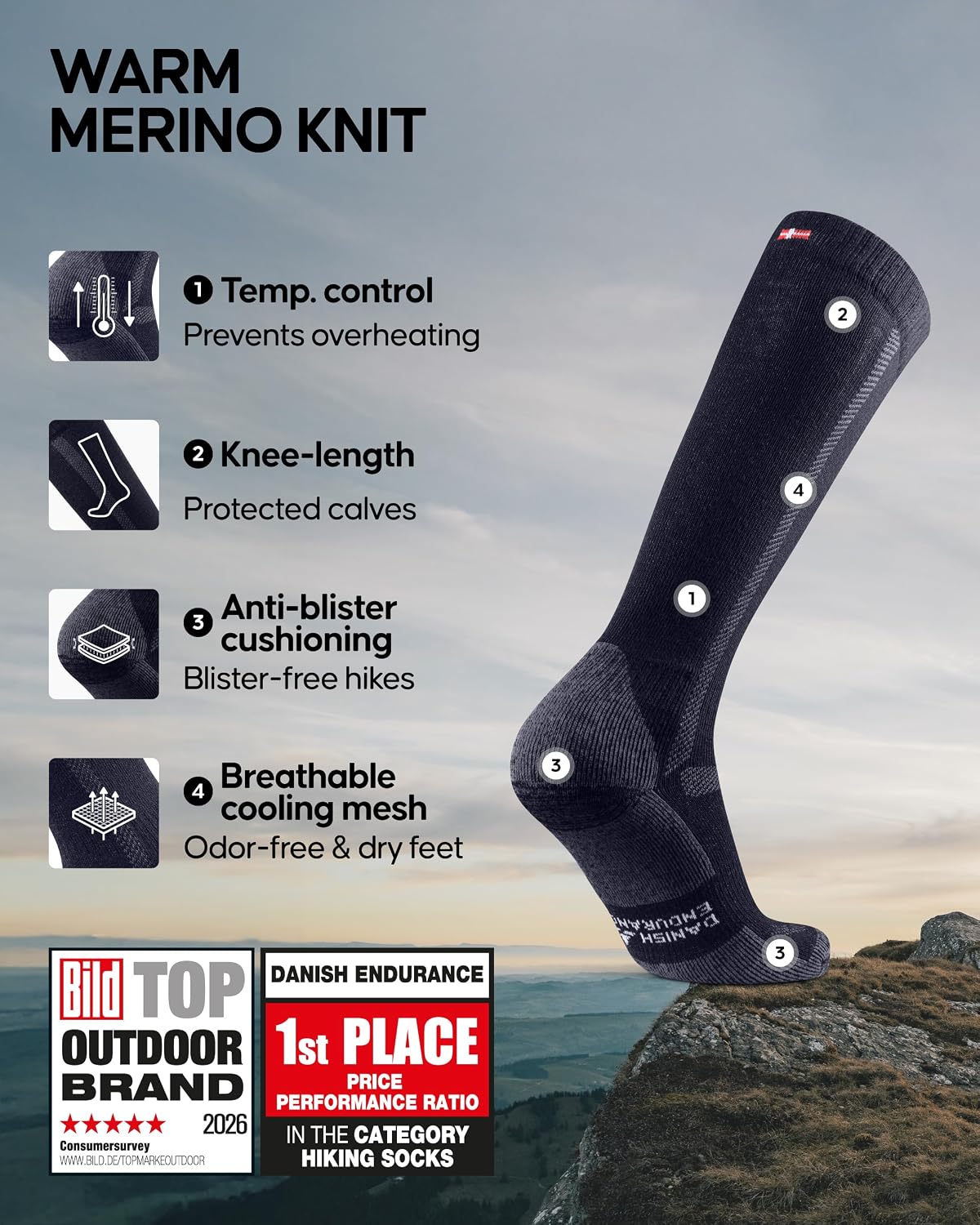 Detalle 2 de DANISH ENDURANCE Knee-High Hiking Socks, Merino Wool