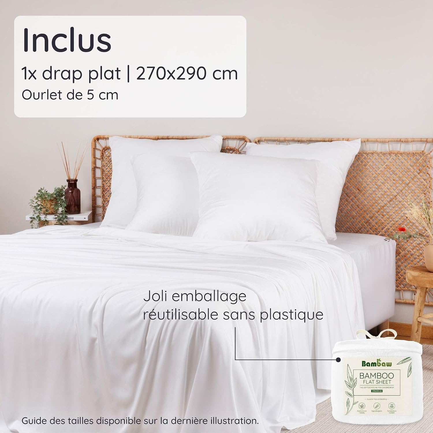 Detalle 2 de Bambaw Drap Plat 270x290 cm en bambou – antibactérien, hypoallergénique et thermorégulateur