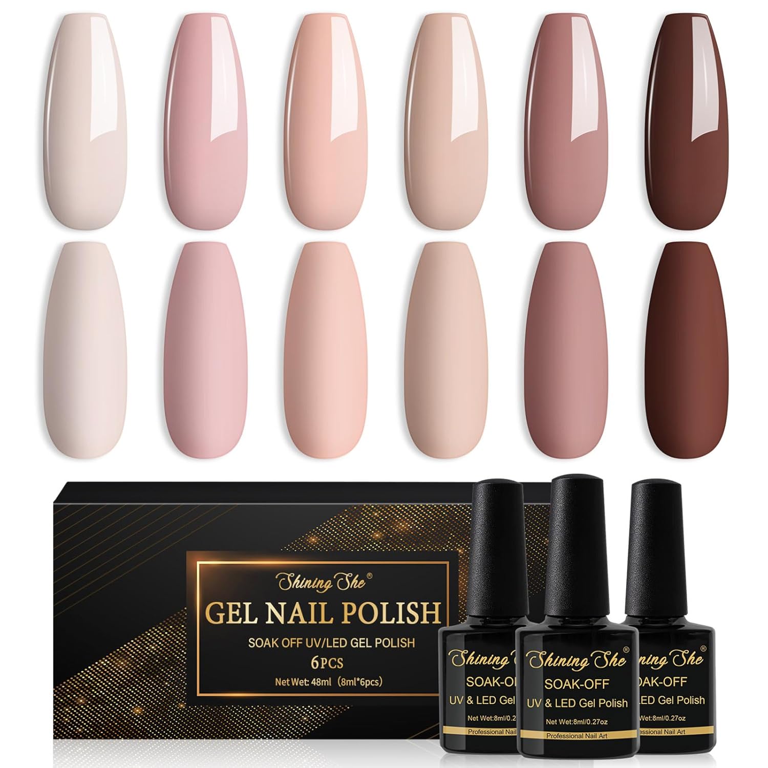 Shining She UV-Nagellack Set mit 6 Farben (Herbst/Winter Nude & Beige Töne) – Soak-off für LED/UV, 8 ml