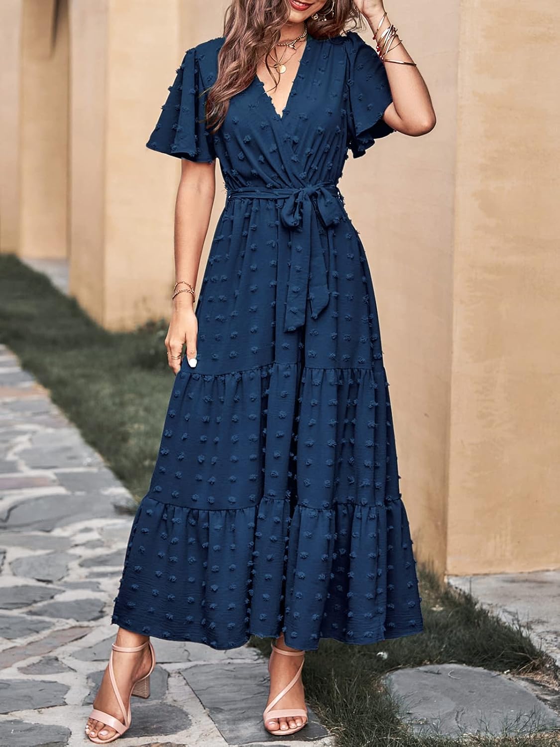 Detalle de MASCOMODA Women's Summer Swiss Dot Maxi Dress with Wrap V-Neck and Flutter Sleeves