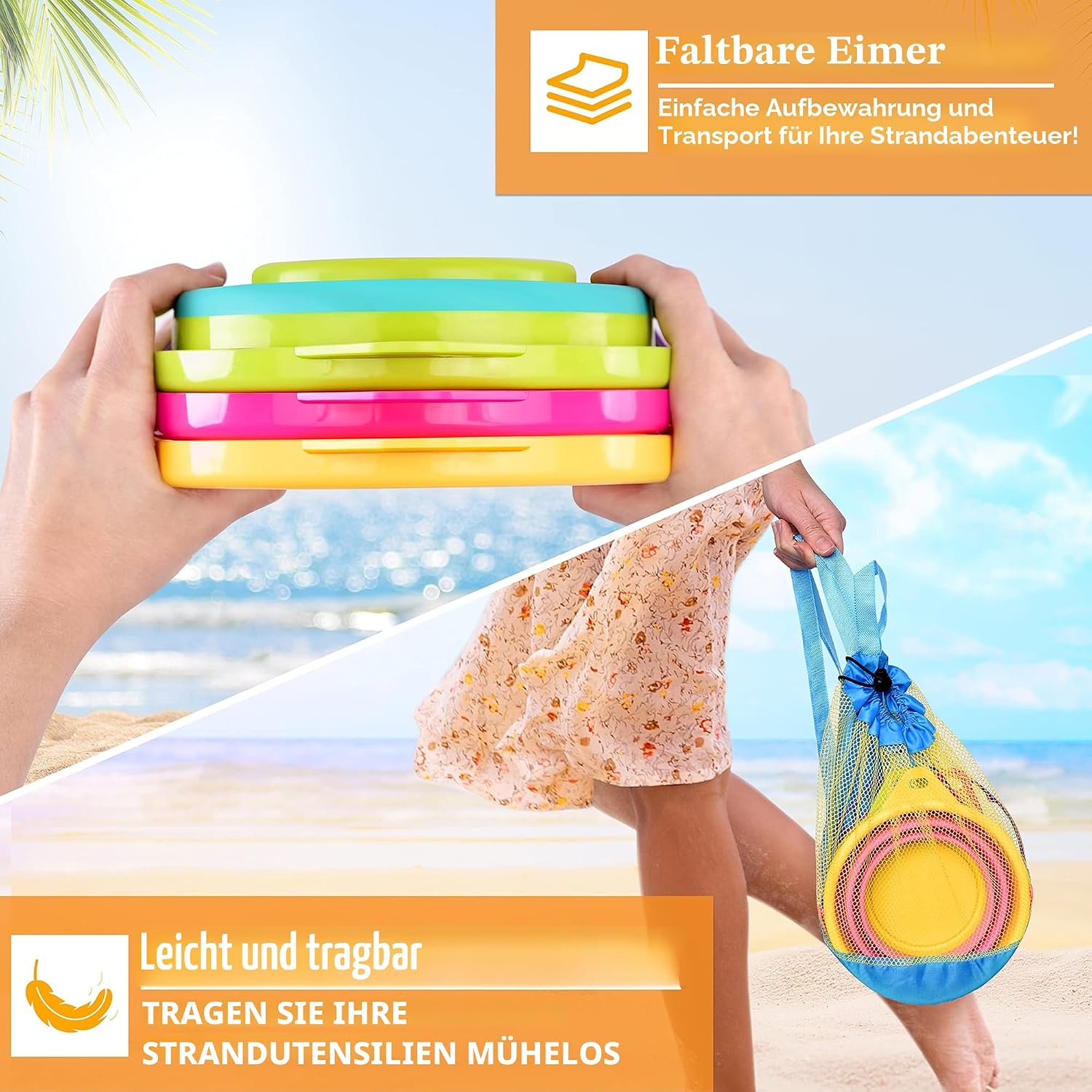 Thumbnail 3 de JOYIN 3er Set faltbare Strand-Eimer mit Netz-Rucksack – Sandkastenspielzeug für Kinder