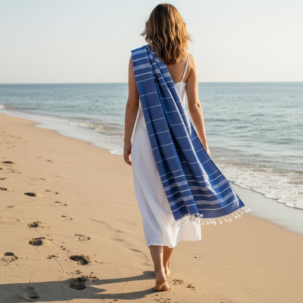 Detalle de MyStilo® XXL Saunahandtuch Hamamtuch – Großes, weiches 100x200 cm Handtuch aus recycelter Baumwolle in Saks Blau