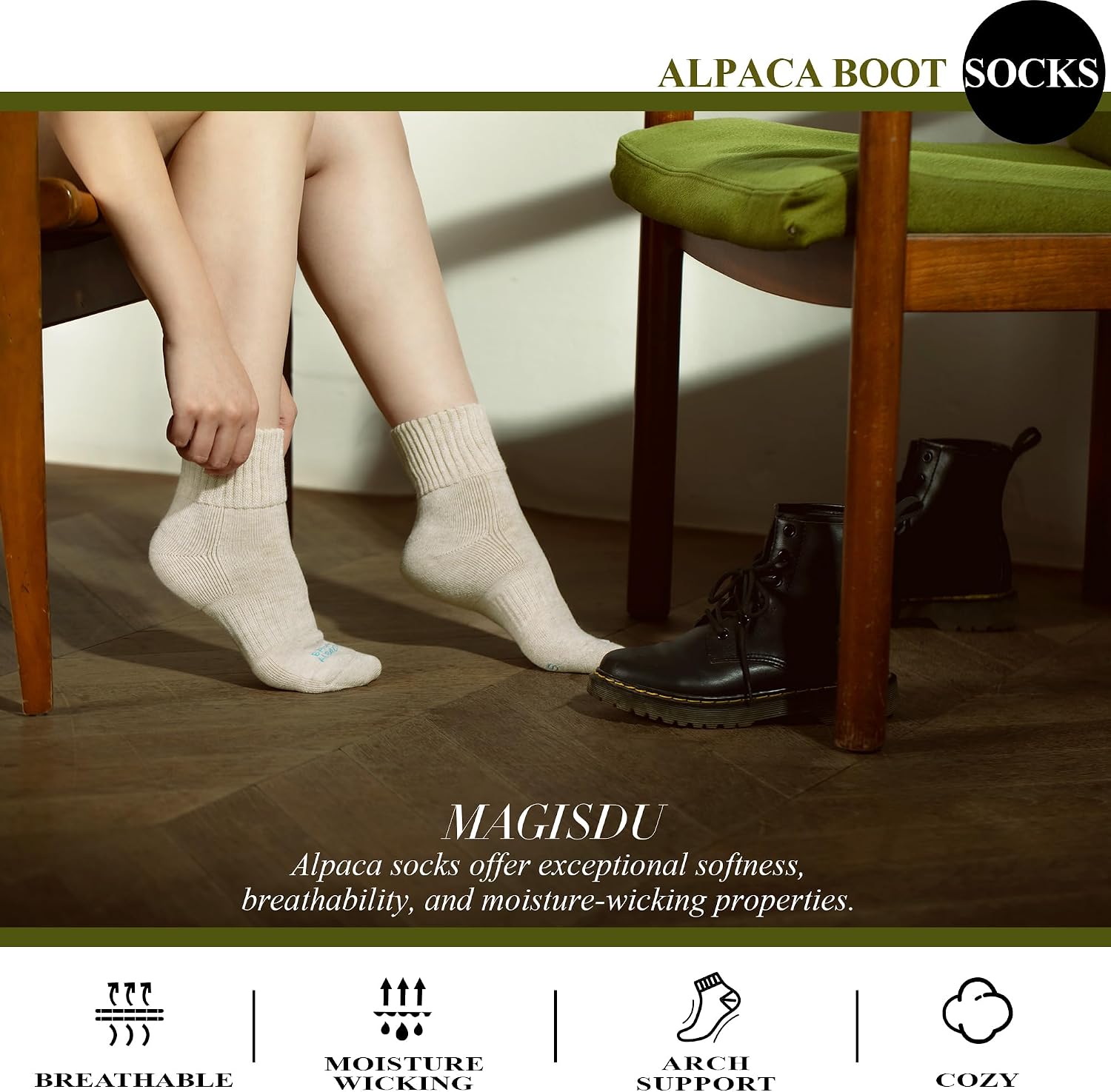 Detalle de MAGISDU Alpaca Wool Boot Crew Socks, 3 Pairs, Thermal Cushioning