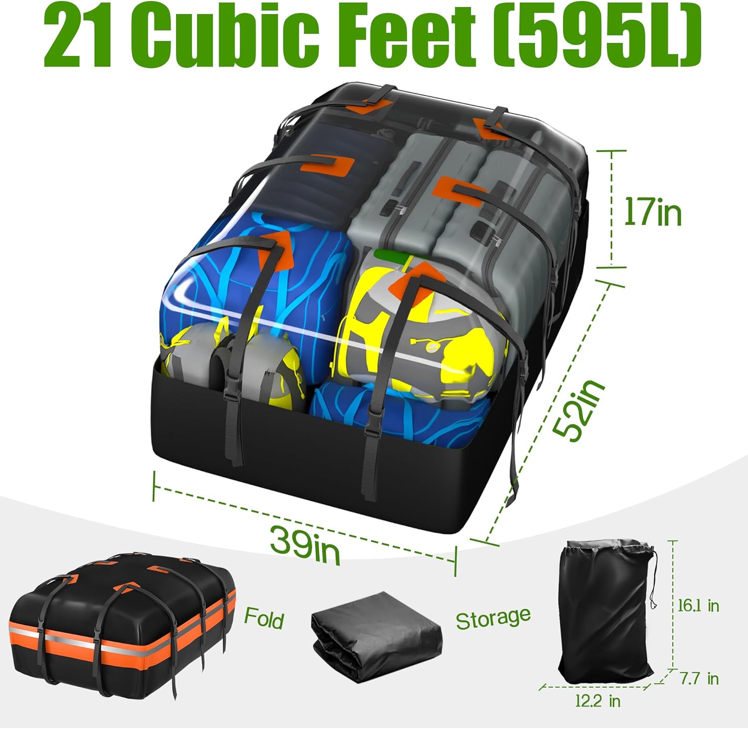 Detalle de Signstek Car Roof Bag 21 Cubic Feet: Large Waterproof Rooftop Cargo Carrier for Any Car