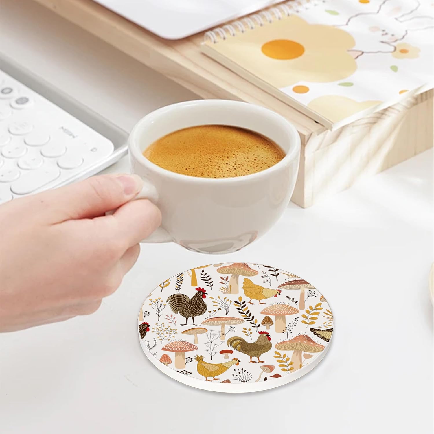 Thumbnail 4 de Farm Animals Hens & Plants Coasters – 6-Pack Ceramic Drink Mats with Cork Base and Metal Holder
