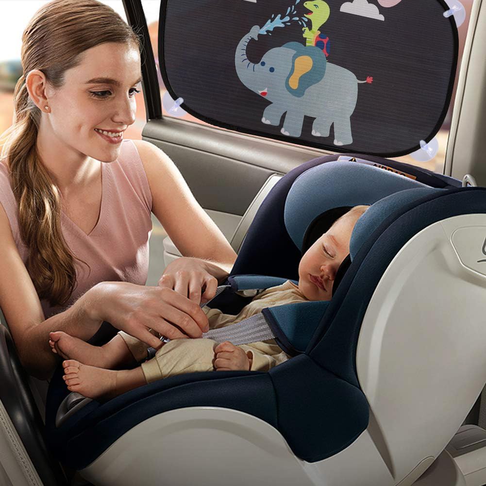 Detalle de iZoeL Parasole Auto per Bambini 2 Pezzi con Design Tartaruga/Elefante/Uccello – Protezione UV e Autoadesivo