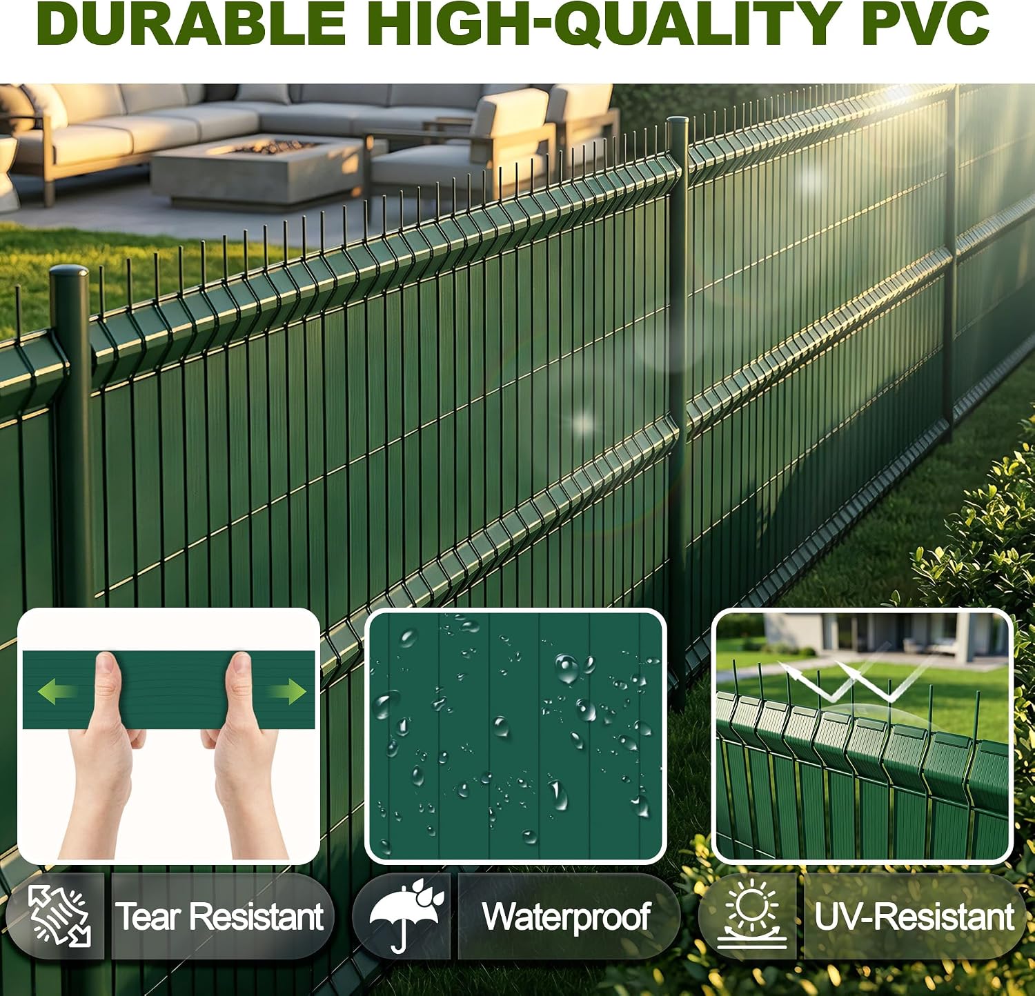 Detalle 1 de UISEBRT PVC Privacy Screen Strips, 70 m x 4.7 cm, Green, 140 Clips