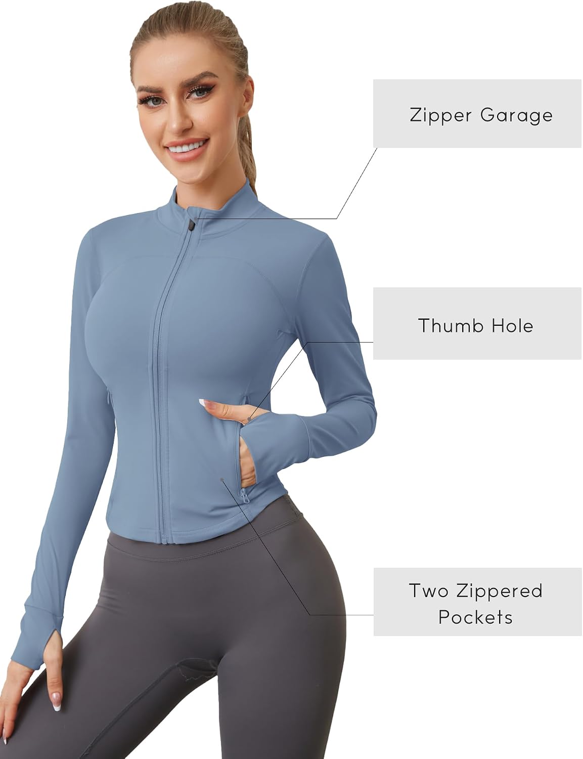 Detalle de IECCP Damen Langarm Sportjacke mit Daumenloch – Leicht, Slim Fit, Zwei Reißverschlusstaschen