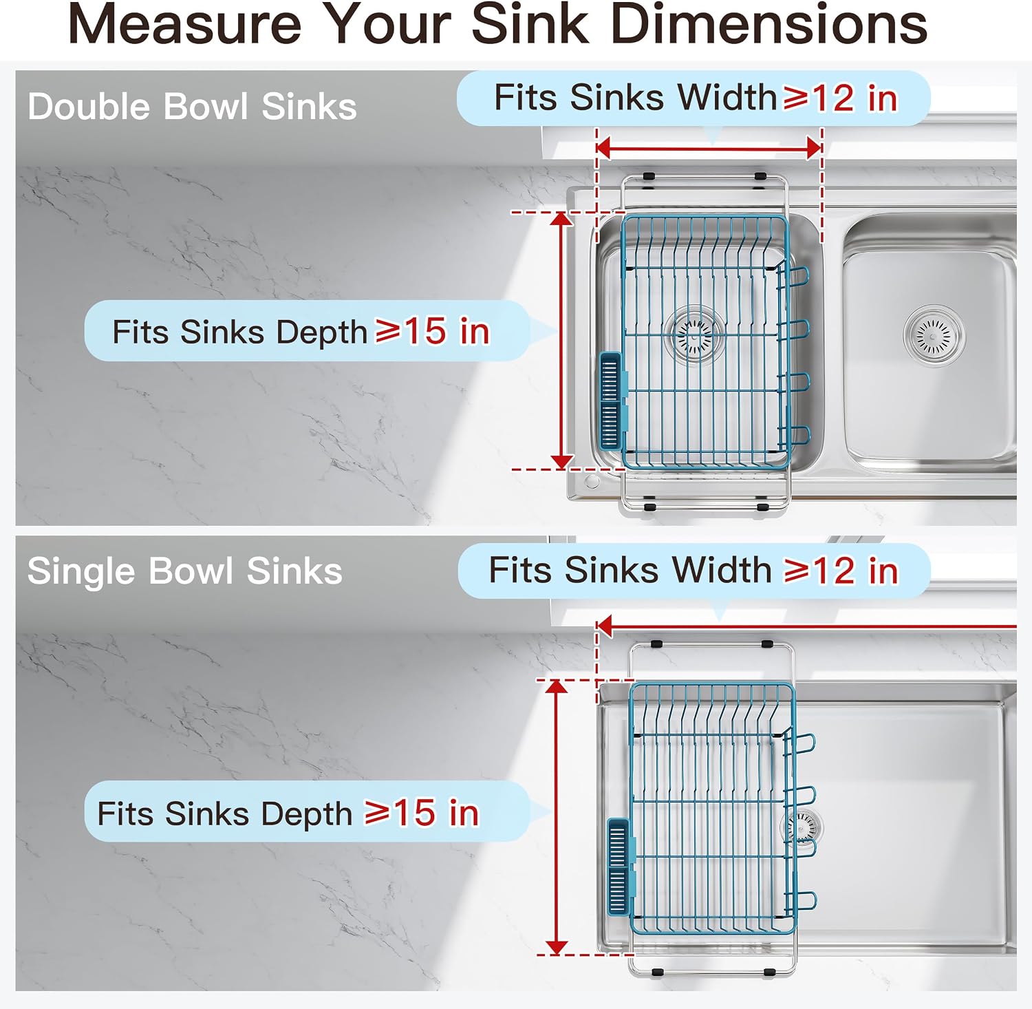 Thumbnail 2 de JASIWAY Blue Stainless Steel Dish Drying Rack, Expandable Over-Sink Design