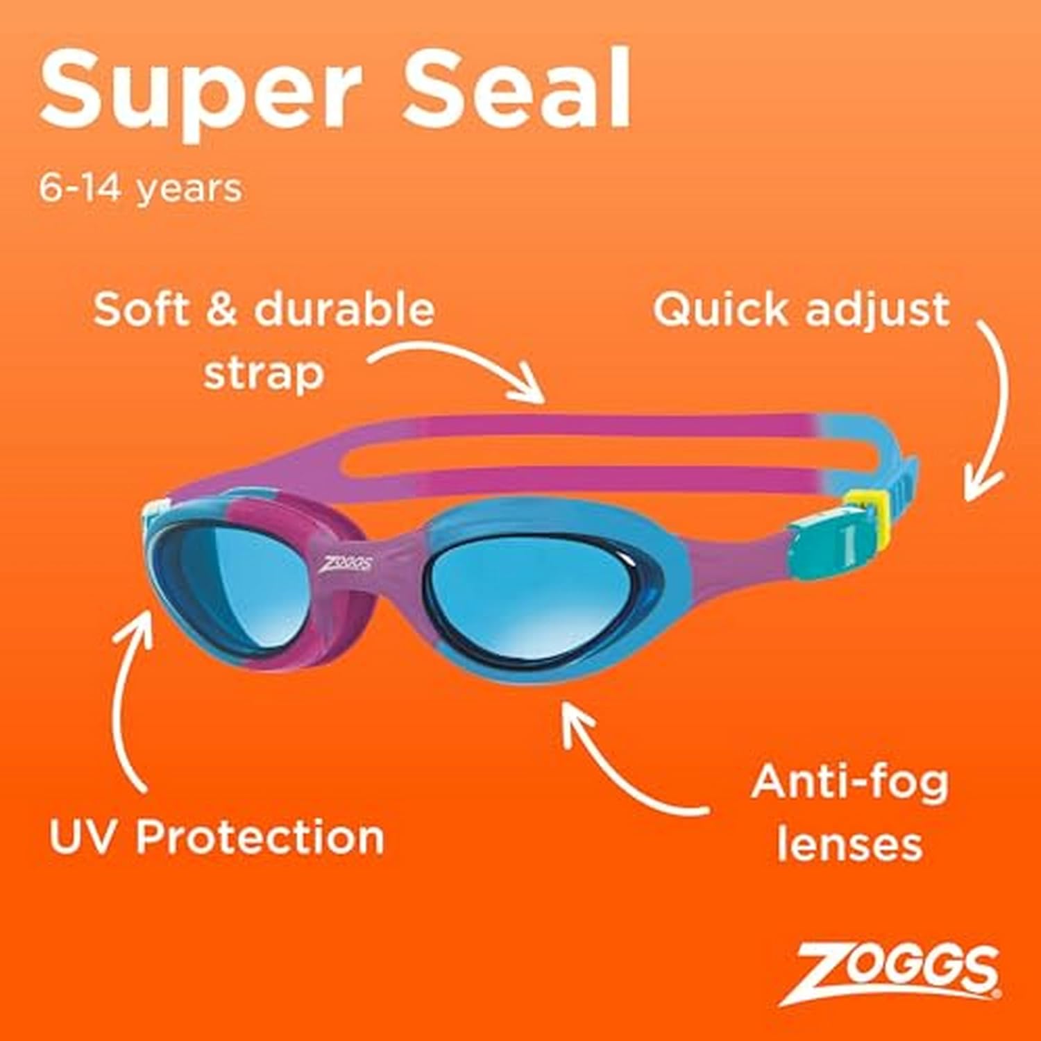 Thumbnail 1 de Zoggs Super Seal Kids Swimming Goggles: UV Protection, Anti-Fog, Quick Adjust Comfort Strap