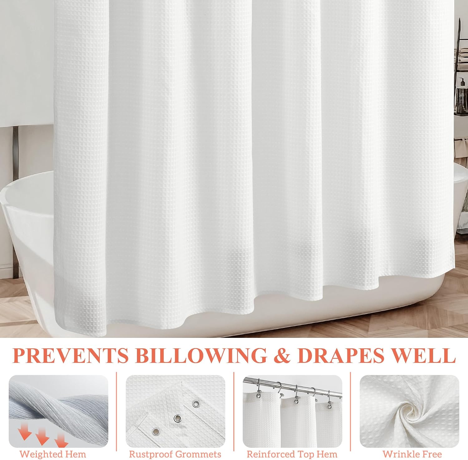 Detalle de Barossa Design 1 Waffle-Weave Shower Curtain, White Polyester, 71 x 72 Inches