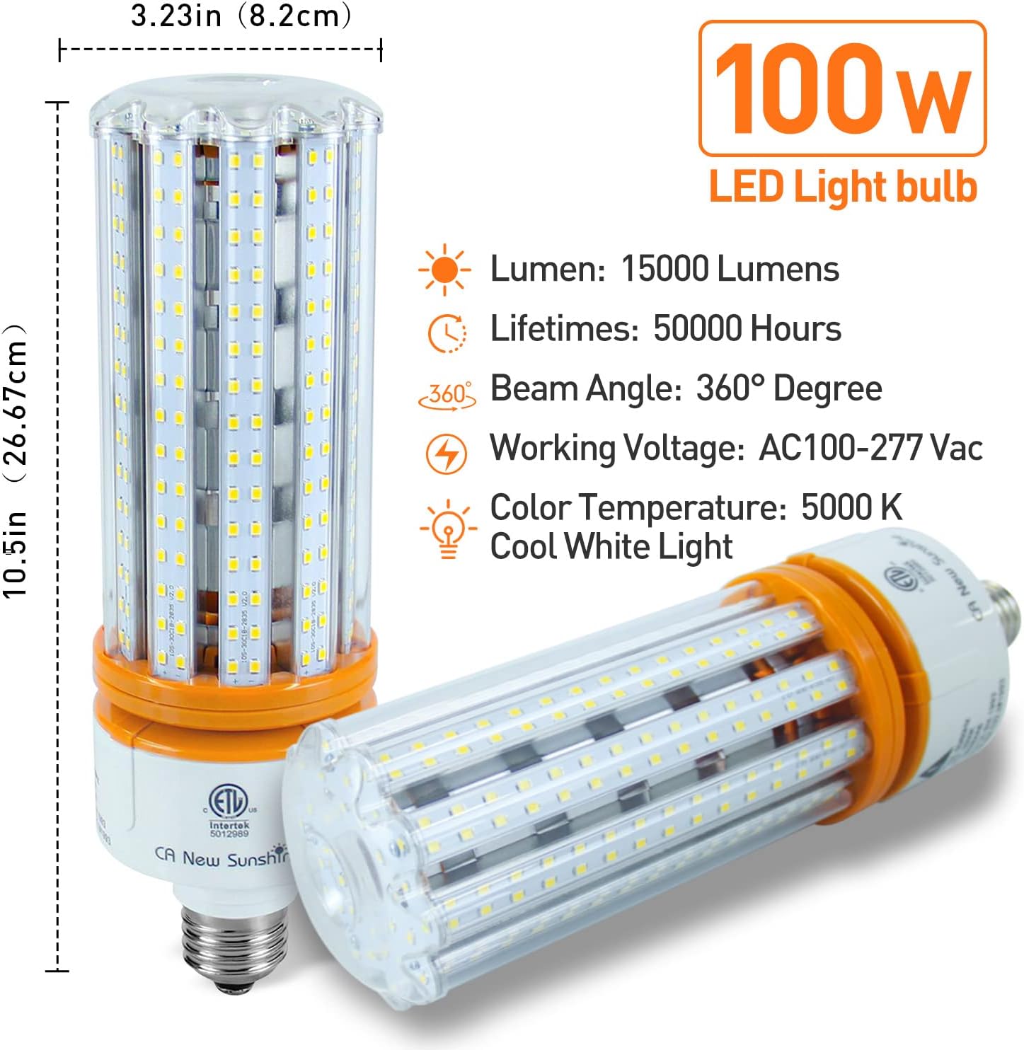 Detalle 2 de CA New Sunshine 100W LED Corn Bulbs, 15,000 Lumens, 5000K, 2-Pack