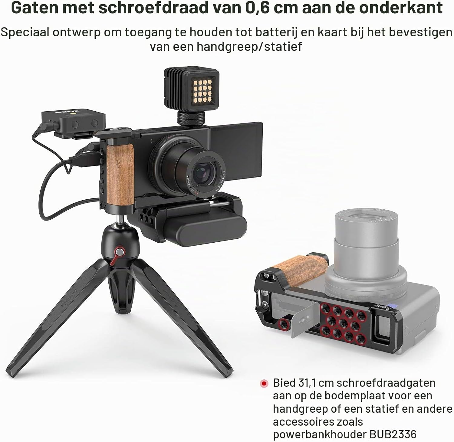 Detalle 2 de SMALLRIG 2936 L-beugel voor Sony ZV-1 met houten handgreep en coldshoe