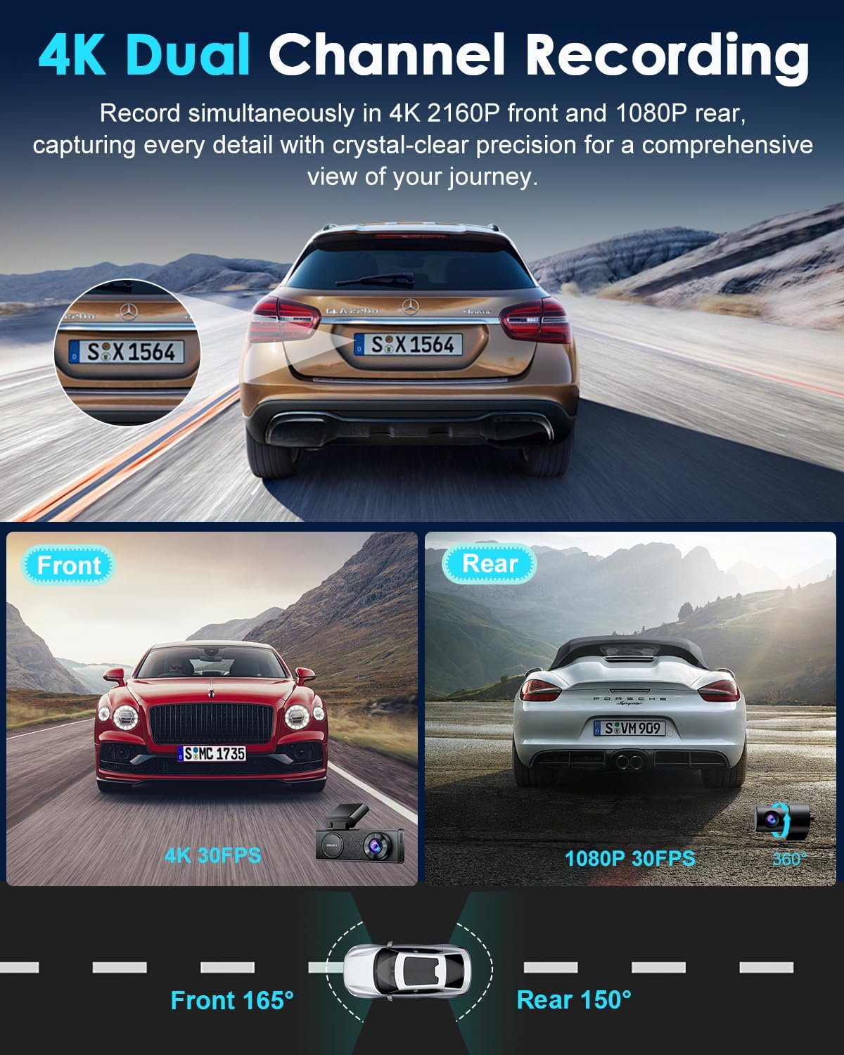 Thumbnail 1 de ORSKEY 4K Dash Cam Front and Rear (K80) with STARVIS 2 Sensor