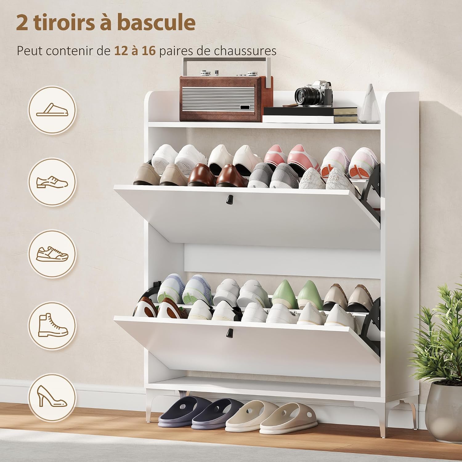 Thumbnail 2 de HOMCOM Meuble à chaussures 16 paires étroit avec 2 tiroirs rabattables et surface supérieure (80 x 24 x 101 cm) blanc