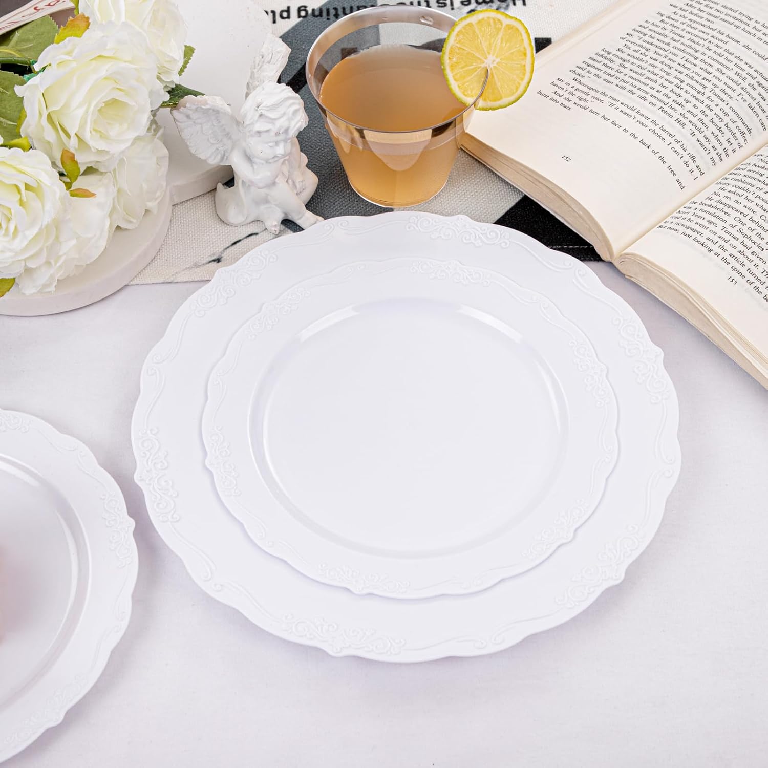 Thumbnail 6 de U-QE 100-Piece White Disposable Plastic Plates (50 Dinner 10" + 50 Dessert 7.5") for Weddings & Parties