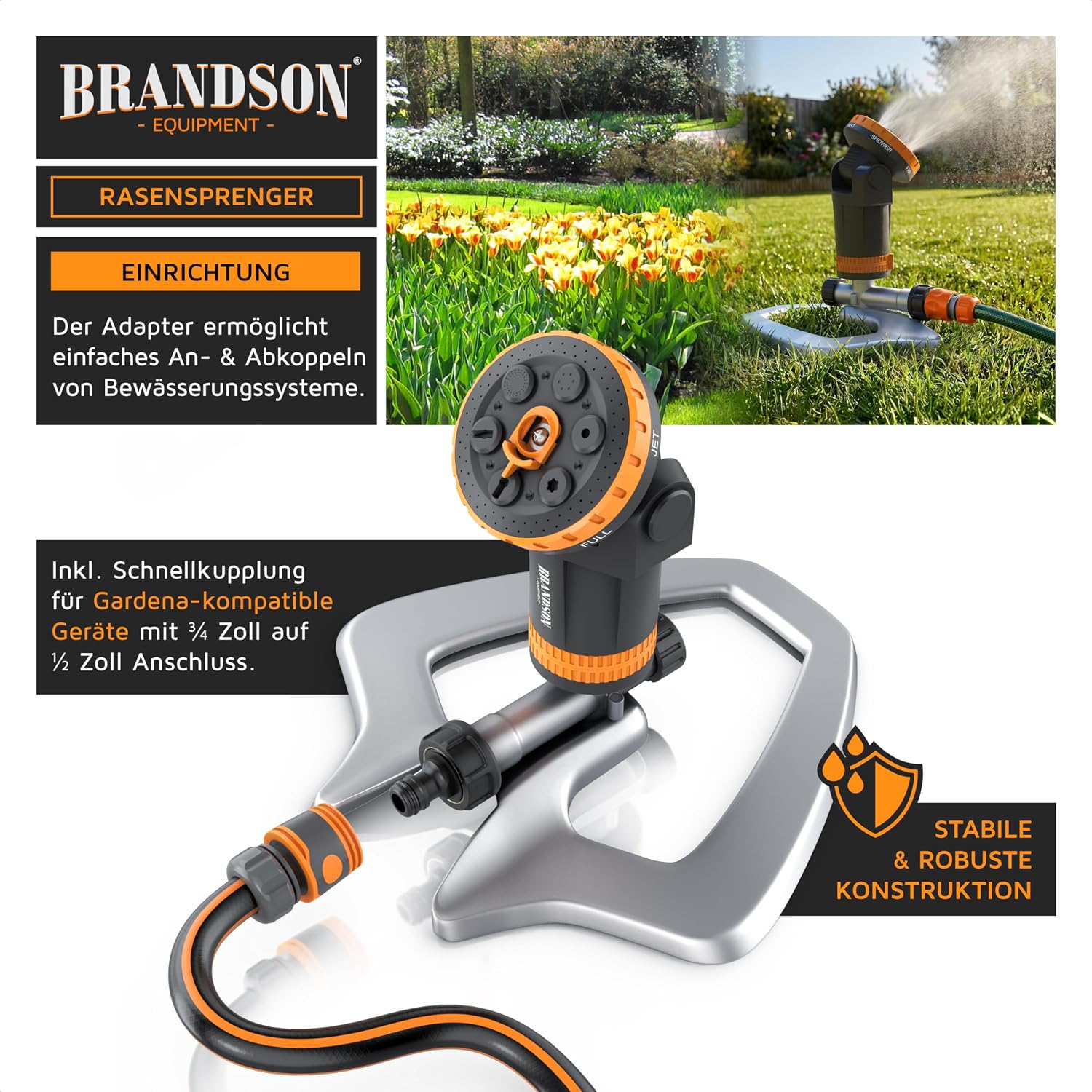 Detalle de Brandson Gartensprinkler mit Standfuß aus Metall – 6 Sprühmuster, 200 m² Reichweite