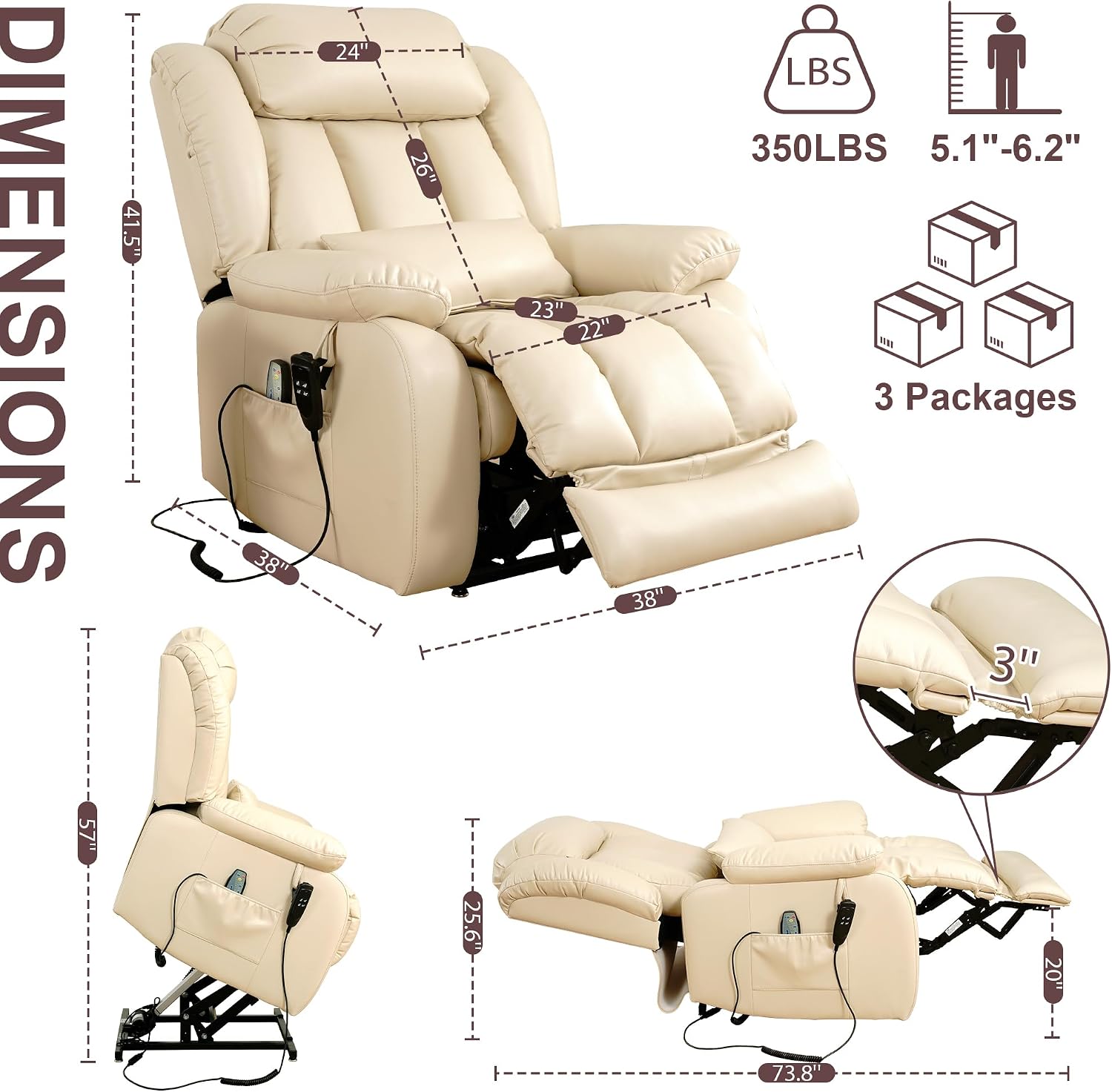Detalle 2 de EDILLY Power Lift Recliner Chair, Genuine Leather