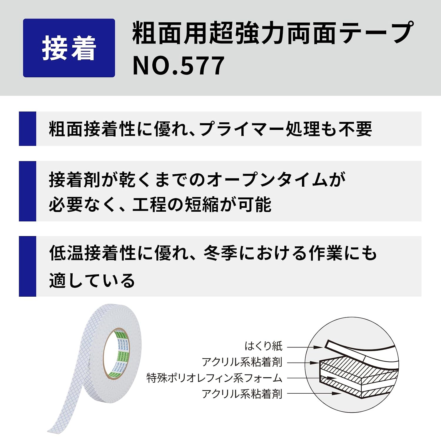Detalle 2 de ニトムズ PROSELF No.577 J1010 粗面用超強力両面テープ 幅20mm×長さ10m×厚さ1.2mm