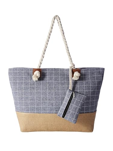 DonDon Bolso de playa grande impermeable con cremallera - Patrón de cuadros azul