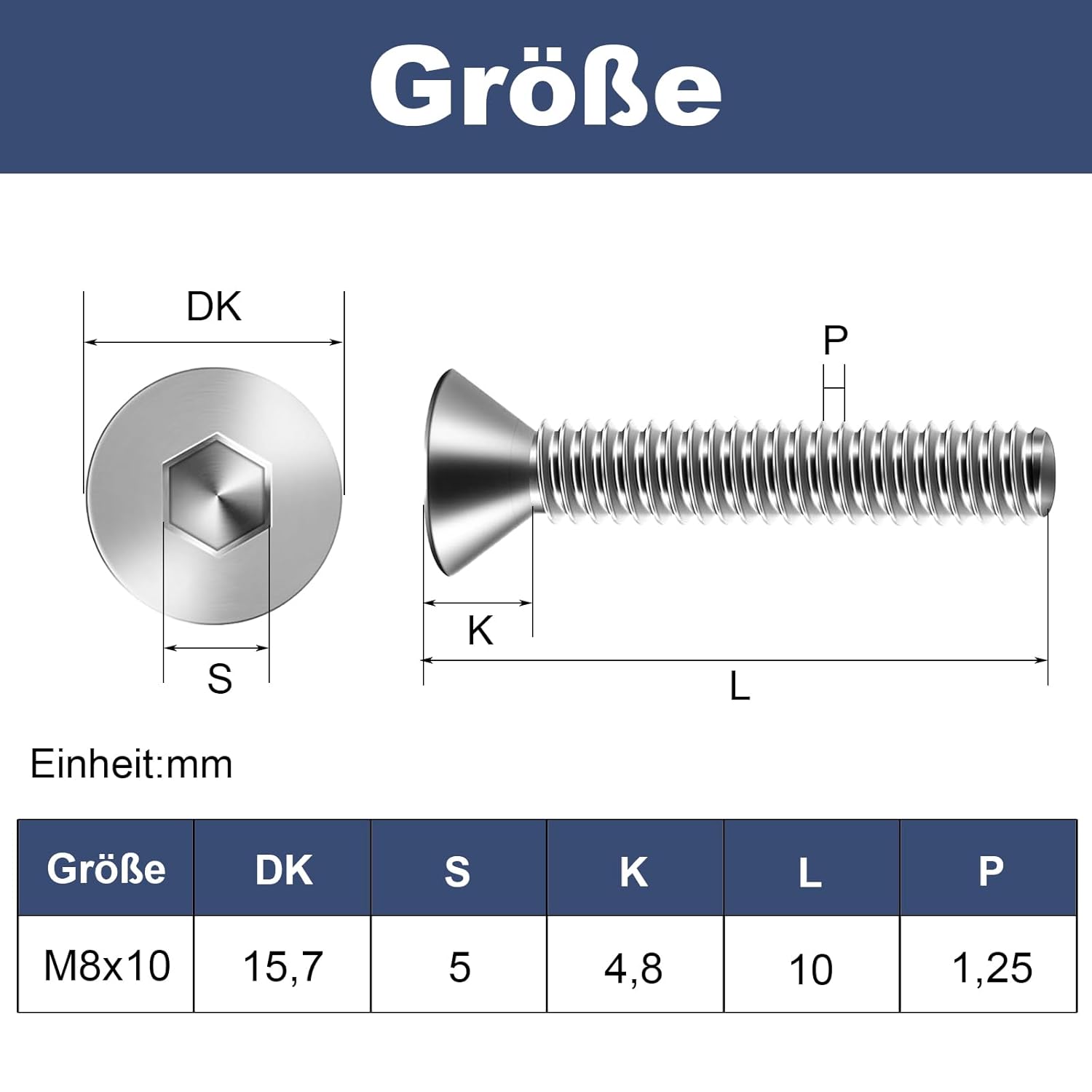 Thumbnail 1 de Zuyya 20 Stück M8 x 10 mm Senkkopfschrauben aus Edelstahl A2 (V2A) mit Innensechskant