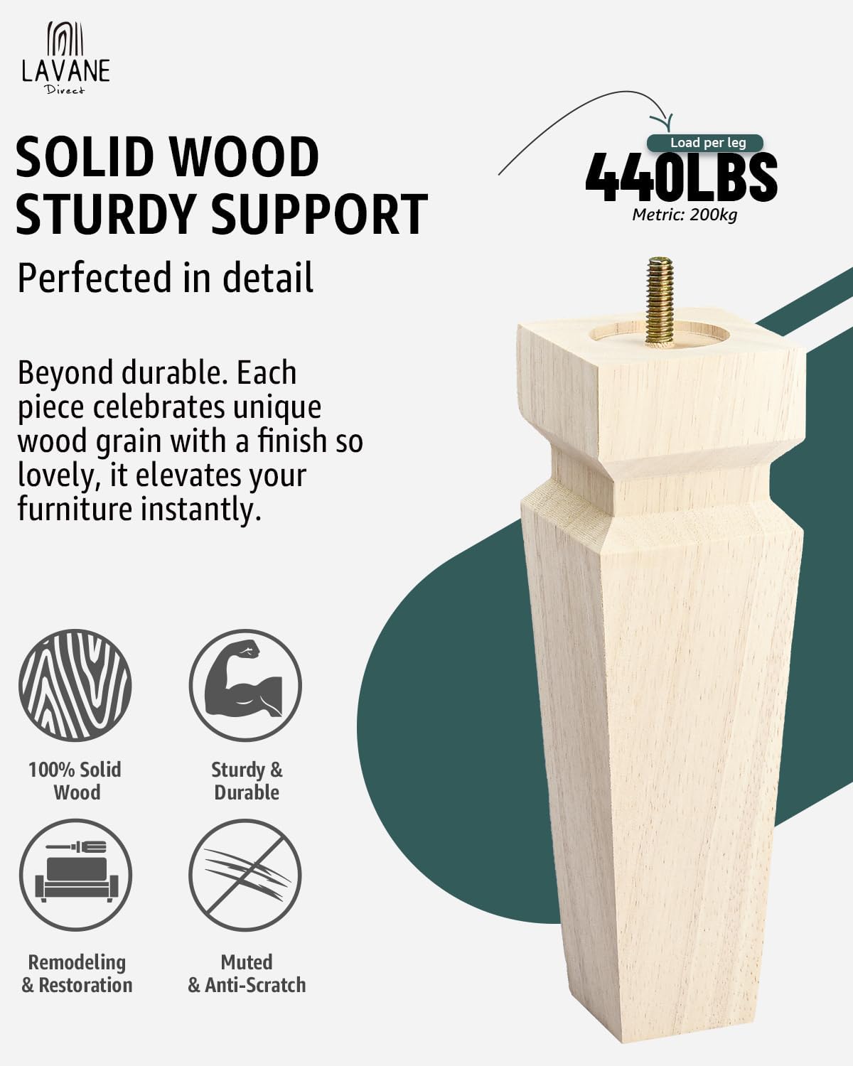 Detalle de La Vane solid wood furniture legs, 6-inch