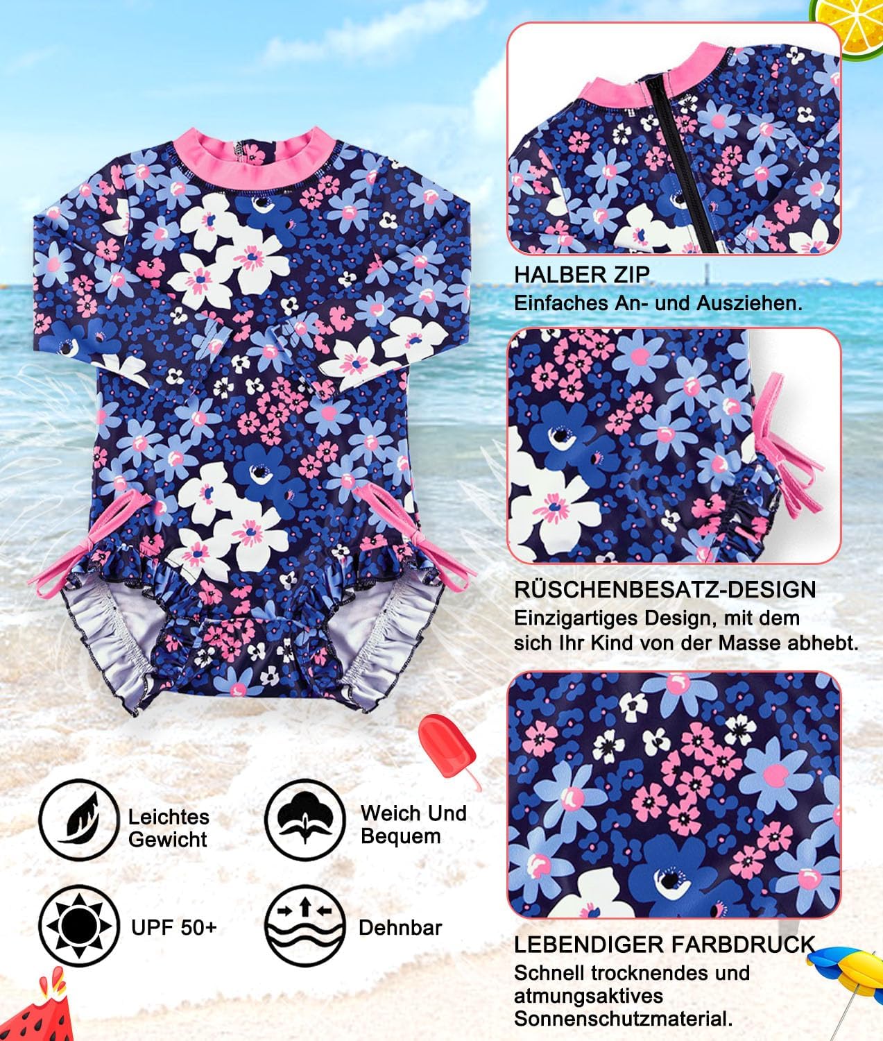 Detalle de BesserBay Baby Mädchen Rash Guard Einteiler mit UPF 50+ (Langarm, 0–36 Monate)