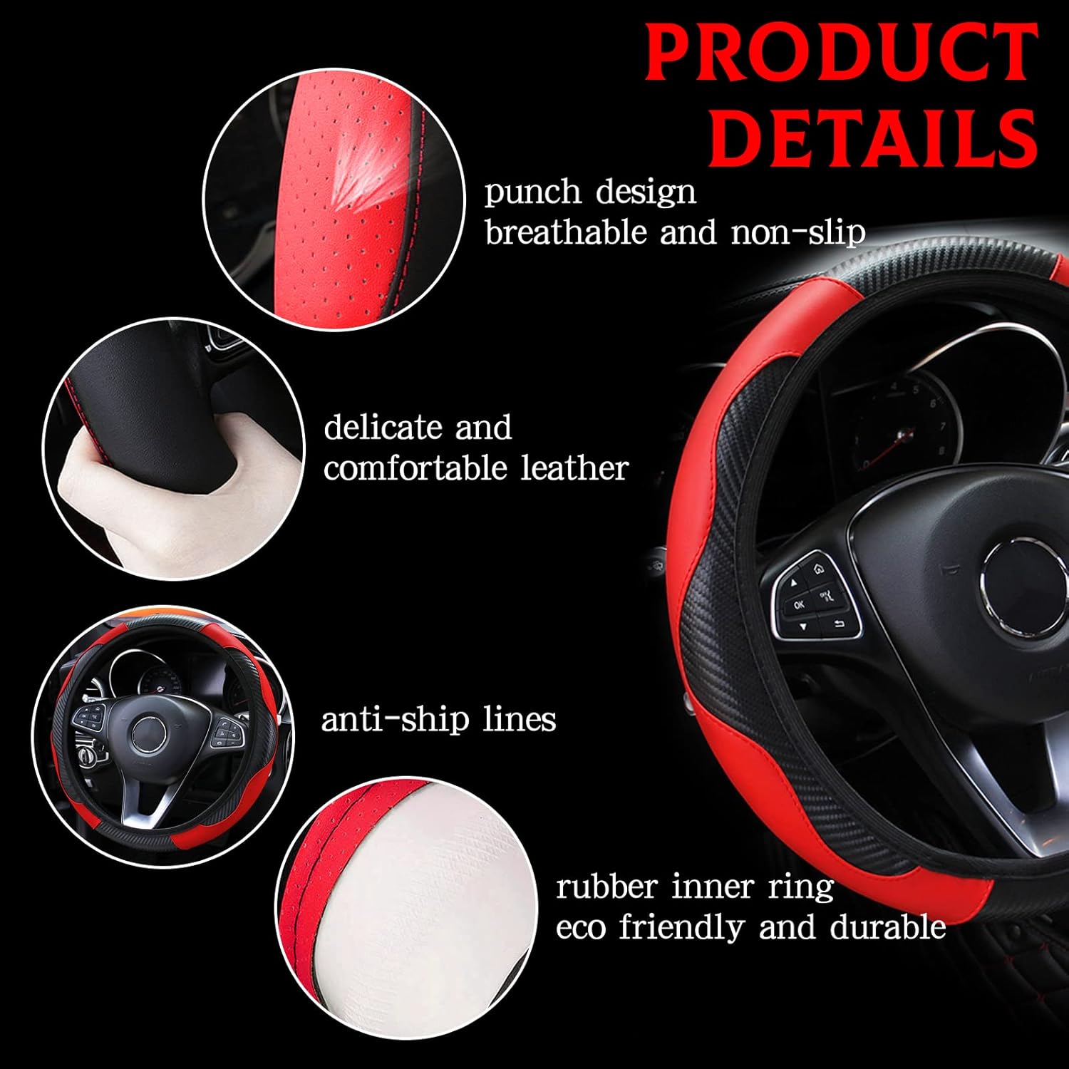 Detalle 2 de VidFair Leather Steering Wheel Cover with Anti-slip Carbon Fibre, Universal 37–38 cm (Black-Red)