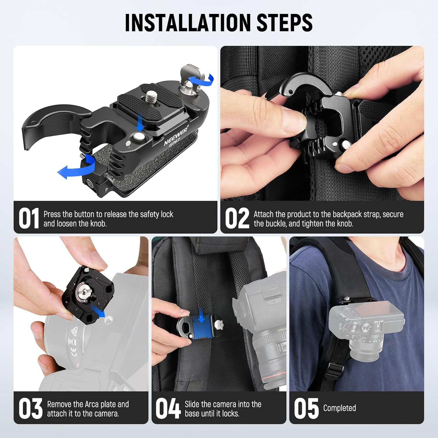 Thumbnail 6 de NEEWER Rucksack-Kamera-Clip mit quadratischer QR-Platte (Peak Design PD QR System kompatibel) für schnellen Wechsel am Gurt