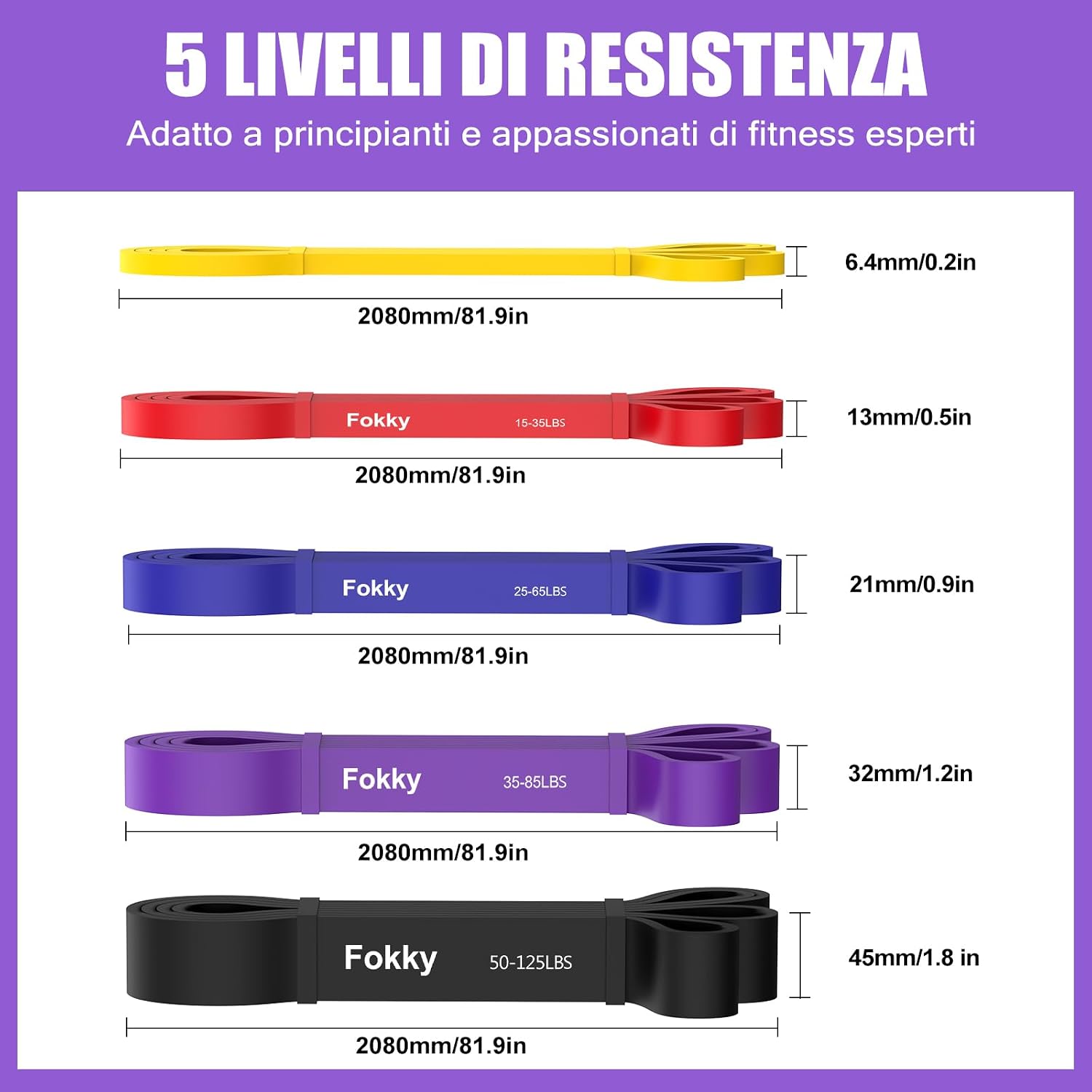 Detalle de Fokky Elastici Fitness 5 Livelli di Resistenza con Ancoraggio per Porta – Set completo per allenamento total body