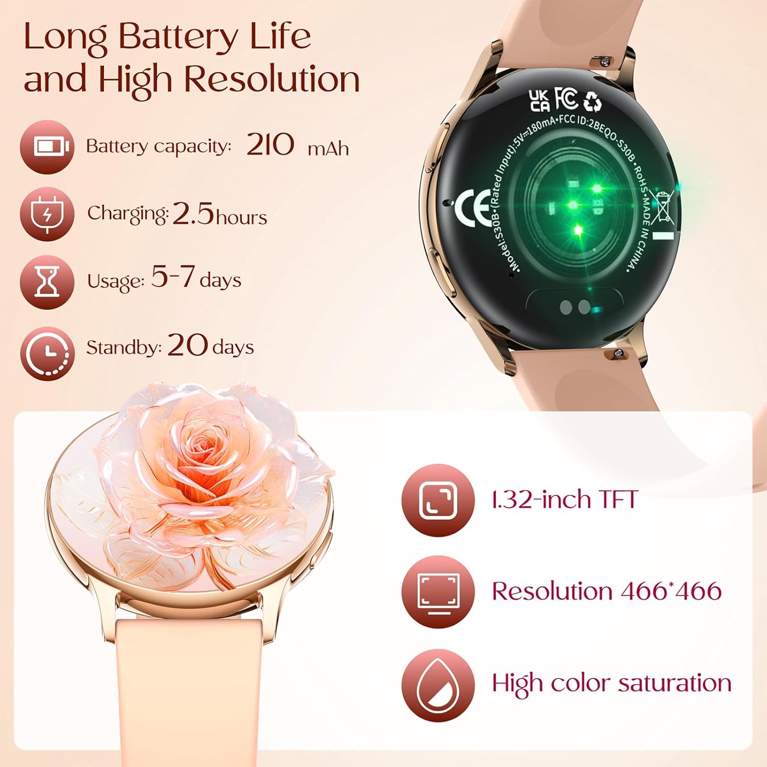 Thumbnail 2 de Smartwatch Donna Bluetooth 5.0 Effettua Chiamate 1.32” Pelle Contapassi IP67: 100+ Modalità Sport e Fitness Tracker