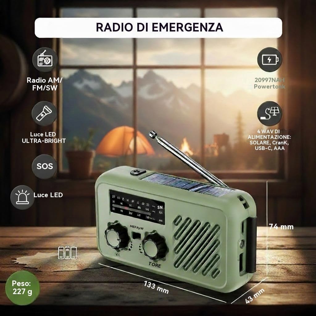 Thumbnail 2 de Radio di emergenza portatile con alimentazione solare e manovella: 2000 mAh, allarme SOS e torcia 3W