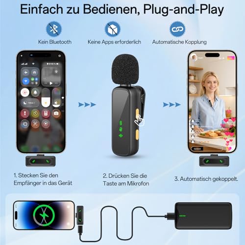 Thumbnail 3 de Koilboane MiniMikrofon für Handy mit Batterie-Display Lavalier Wireless Mikrofon – USB-/Lightning-Adapter inklusive