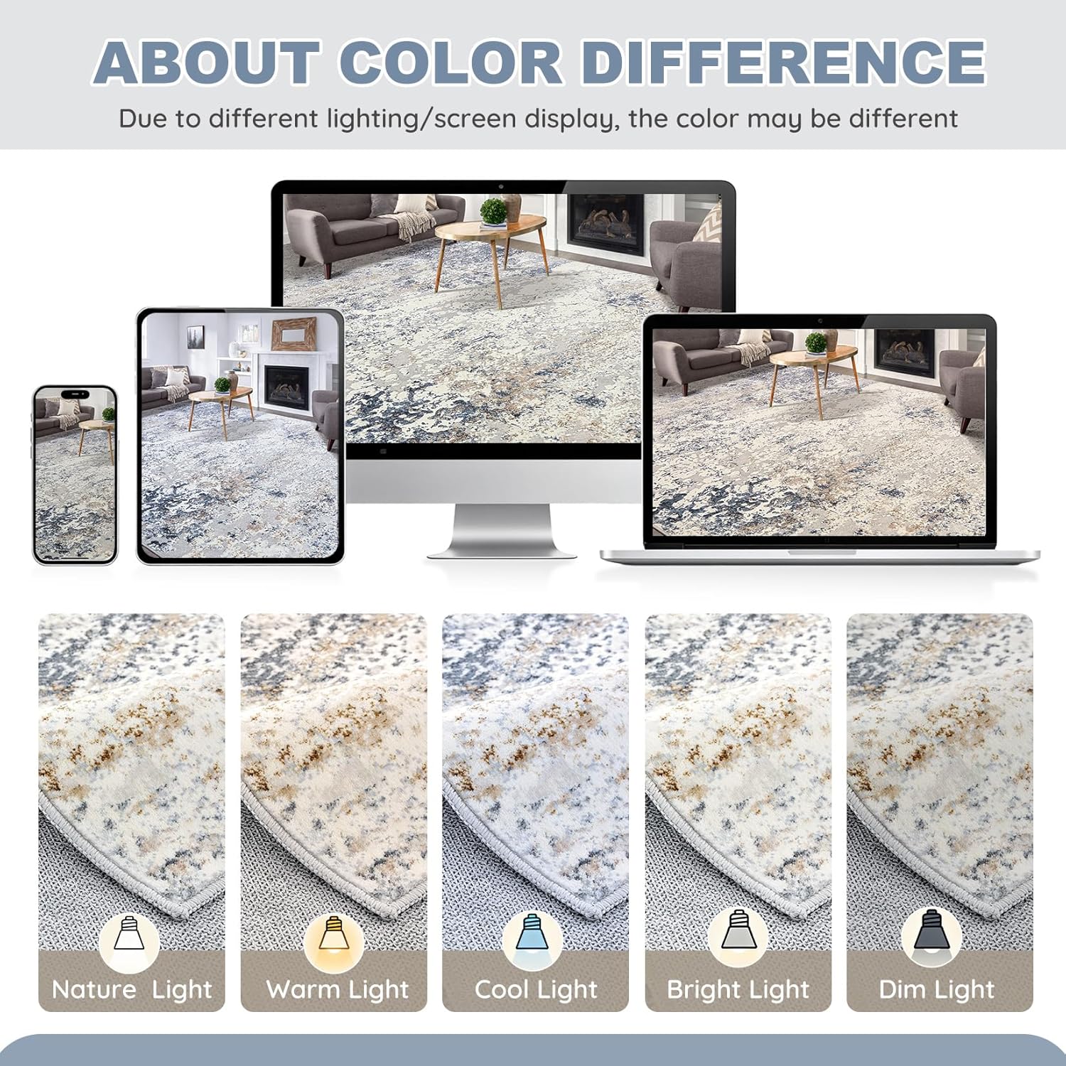 Thumbnail 5 de DMOYEST 8x10 Abstract Low Pile Area Rug (Neutral Beige Blue) — Soft, Washable Indoor Carpet