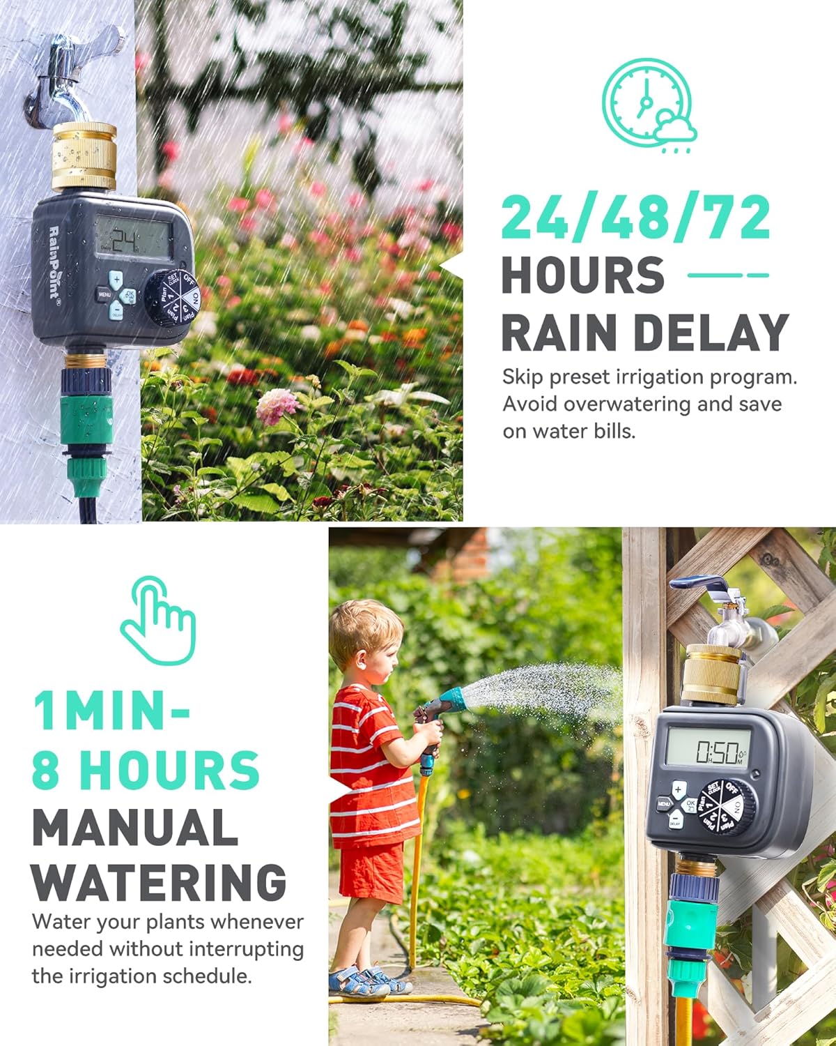 Thumbnail 5 de RAINPOINT Water Timer with Brass Inlet & Outlet, 3 Independent Programs and Rain Delay