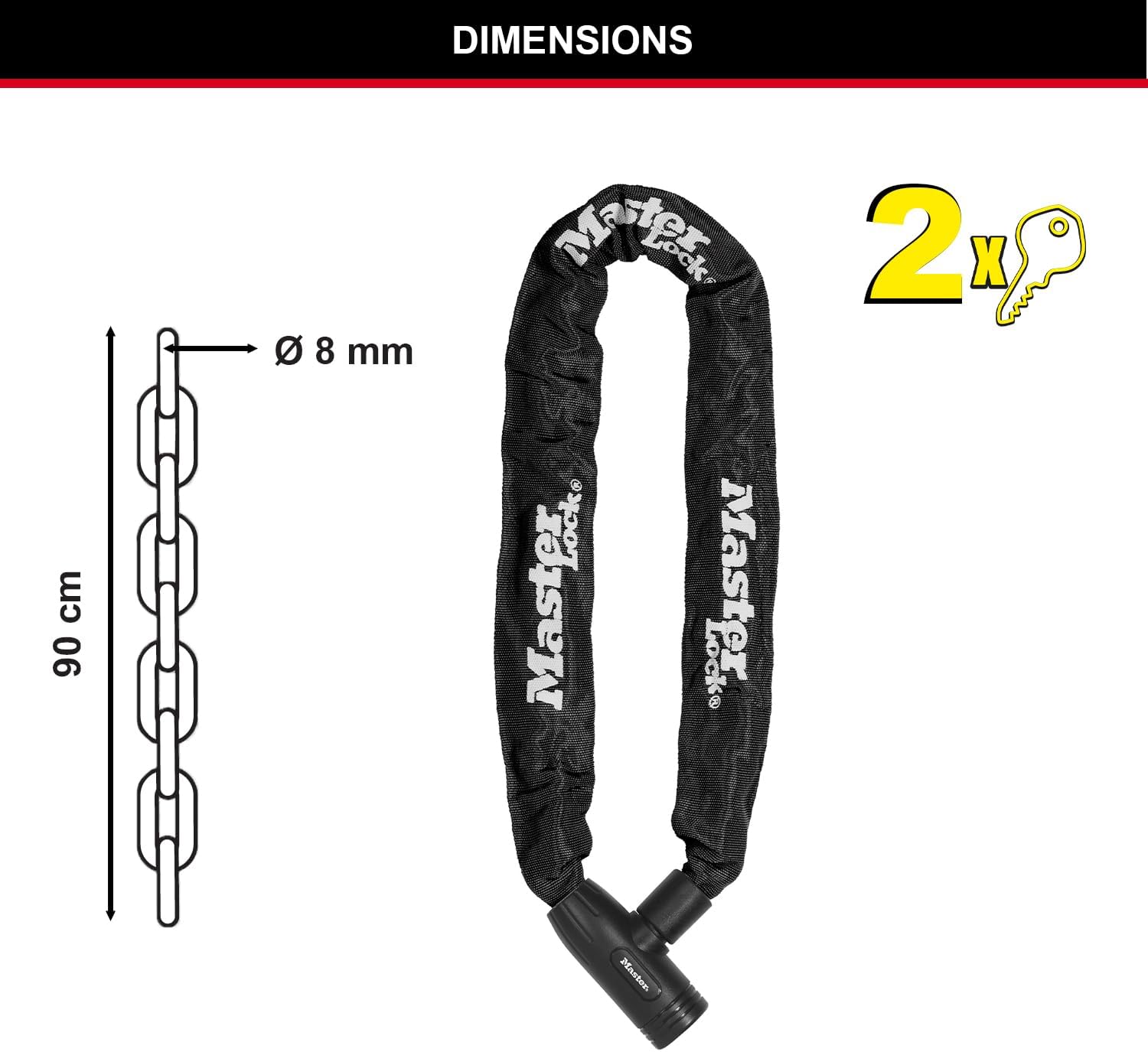 Detalle de MASTER LOCK Chaîne Antivol Vélo 90 cm avec Clé 8391EURDPRO – Sécurité et protection pour vélos, VTT et vélos électriques