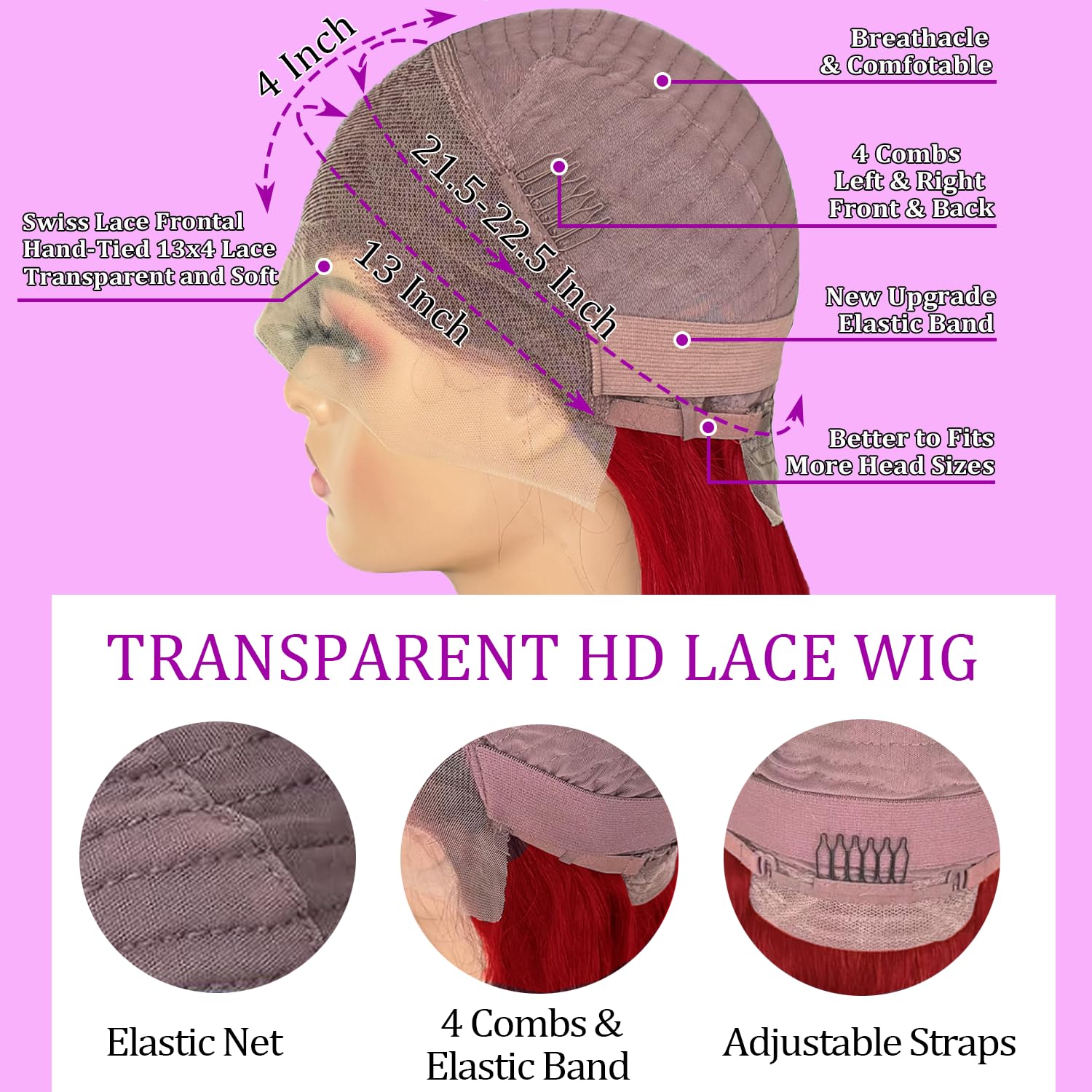 Detalle 2 de Red Burgundy Straight Lace Front Wig (13x4) | 100% Unprocessed Human Hair, Glueless Wear-and-Go