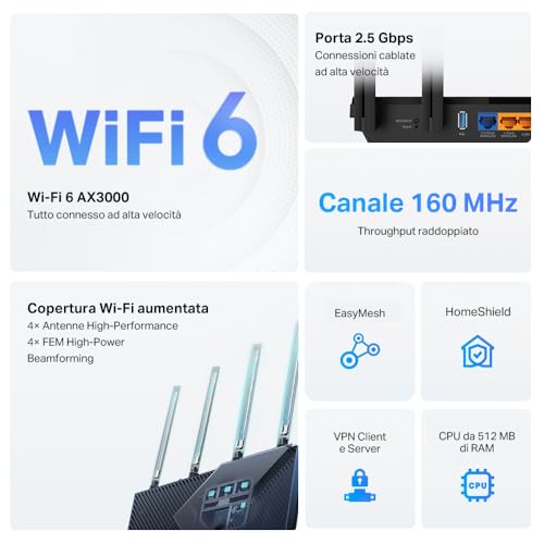 Detalle de TP-Link Archer AX55 Pro Router AX3000: Wi‑Fi 6, 2,5G, MU‑MIMO e VPN client