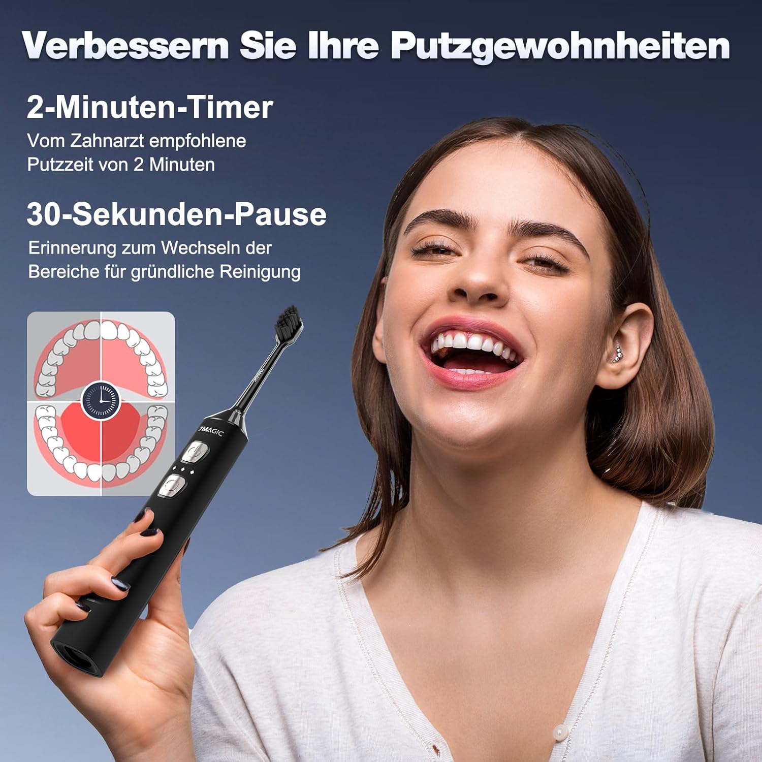 Detalle de 7MAGIC Elektrische Zahnbürste – Schallzahnbürste mit 3 Intensitäten, 5 Modi und langer Akkulaufzeit