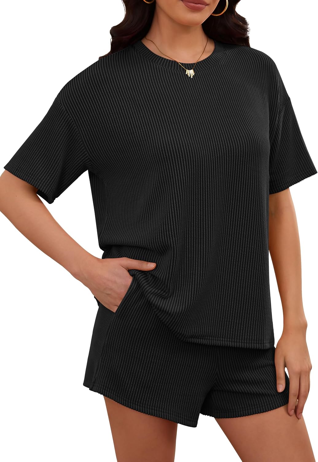 Detalle 2 de RUBZOOF Women's 2-Piece Ribbed Knit Lounge Set – Short Sleeve Top + Shorts