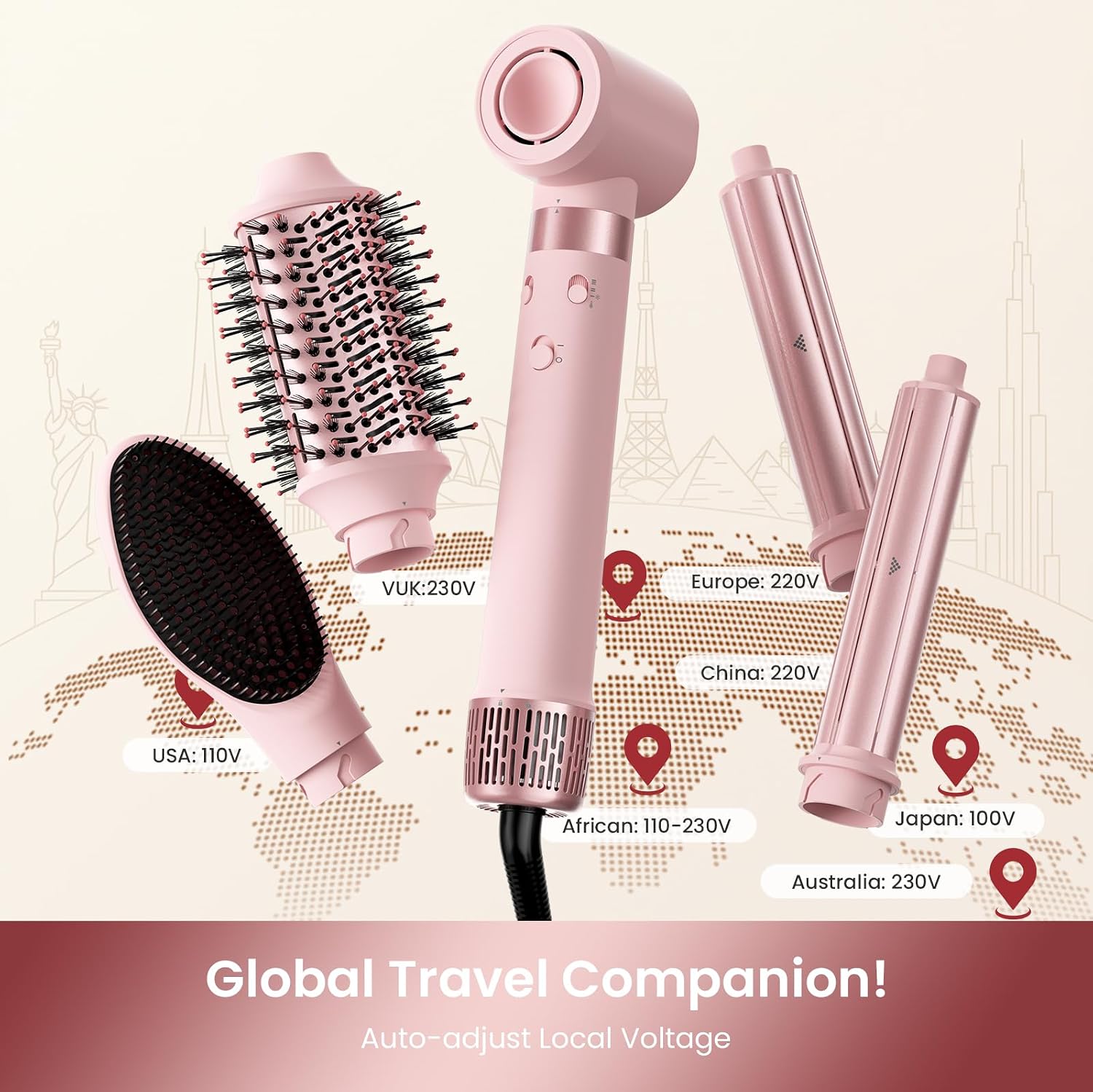 Detalle 2 de MESCOMB Dual Voltage Hair Dryer Brush (5 in 1) — Hot Air Styler Wrap with Auto Curlers, Travel Bag, 100V–240V (Peach Pink)