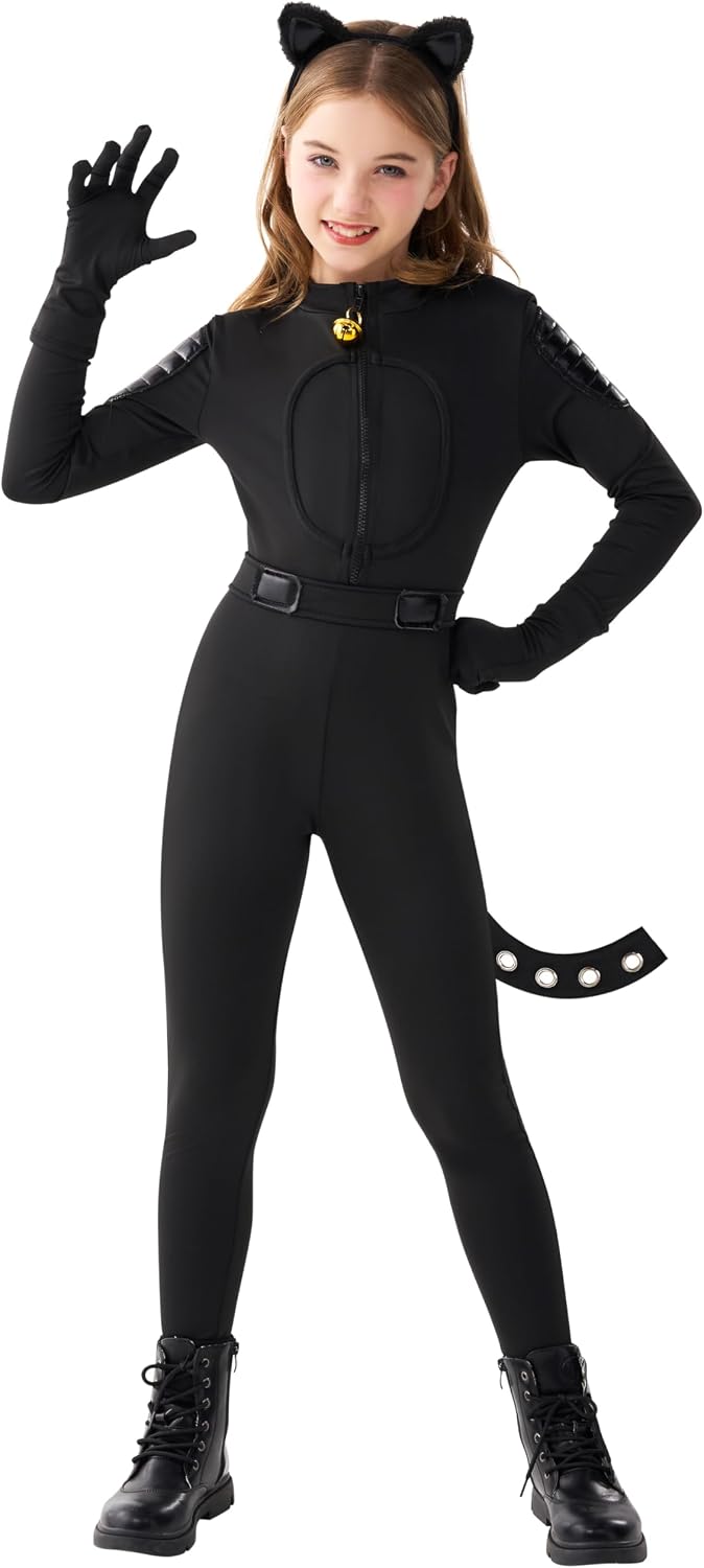 Detalle de Spooktacular Creations Black Cat Costume for Girls with Tail and Front-Zip Bodysuit