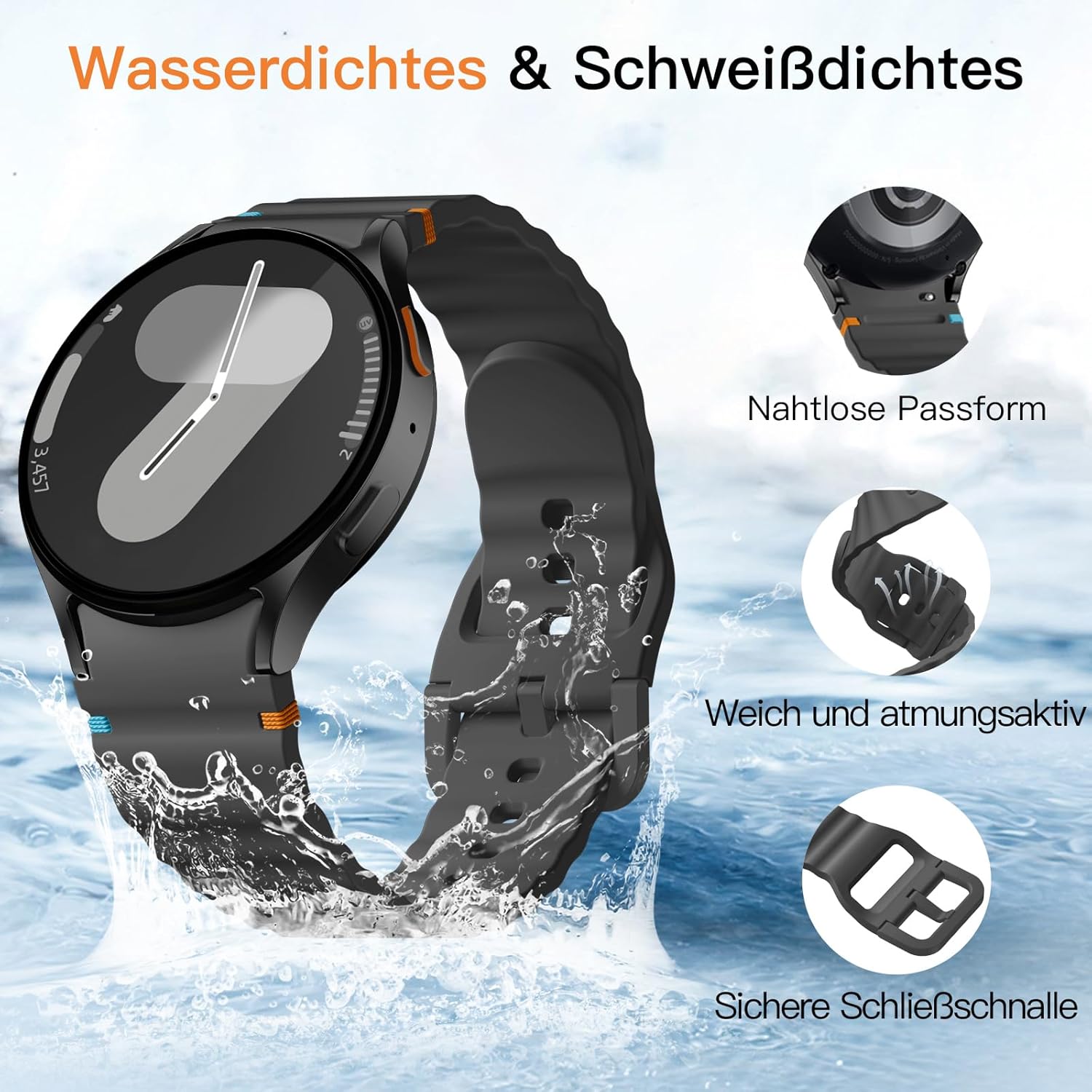 Detalle 2 de Mastten 4er-Set Silikon-Armbänder für Samsung Galaxy Watch 7/6/5/4 & Classic (No-Gap), 40/44 mm