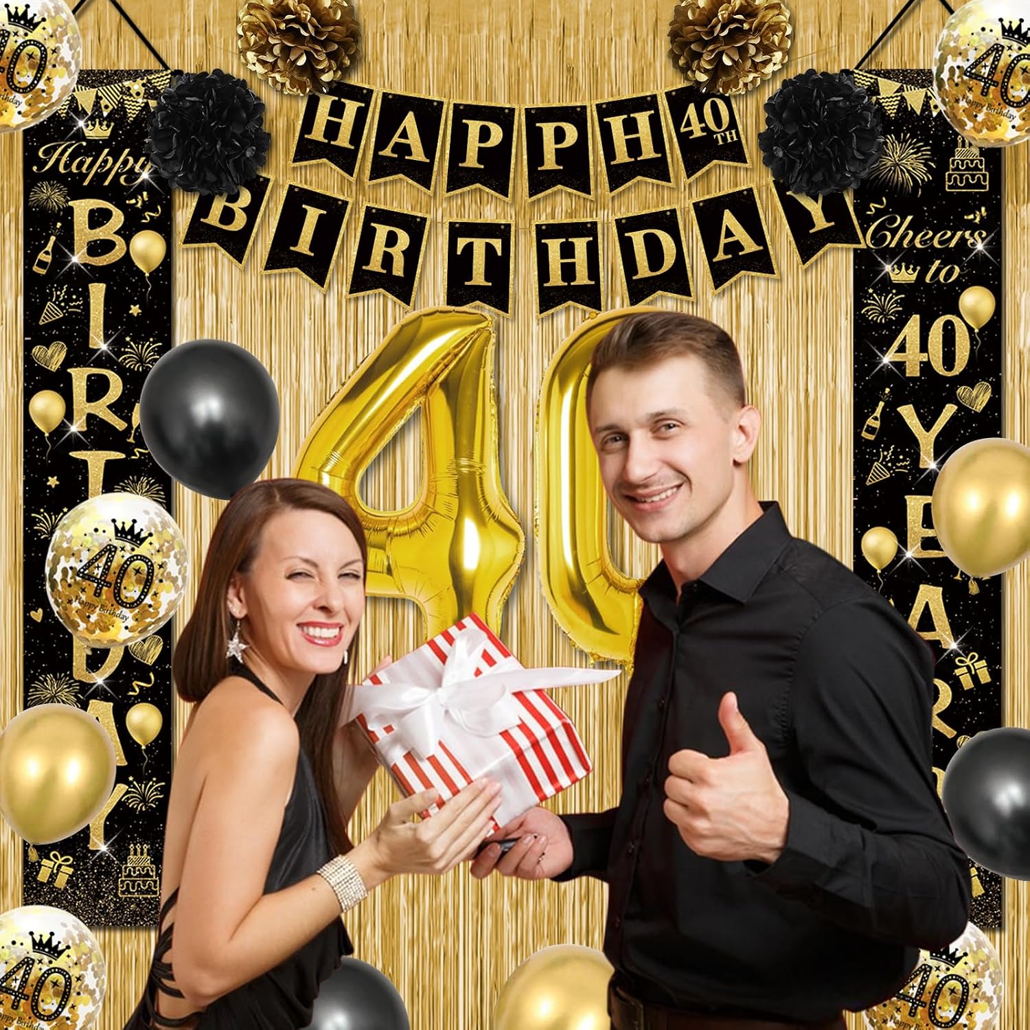 Detalle de Décoration anniversaire 40 ans noir et or (ballons, bannière « Joyeux Anniversaire » et rideau de pluie) pour femme ou homme