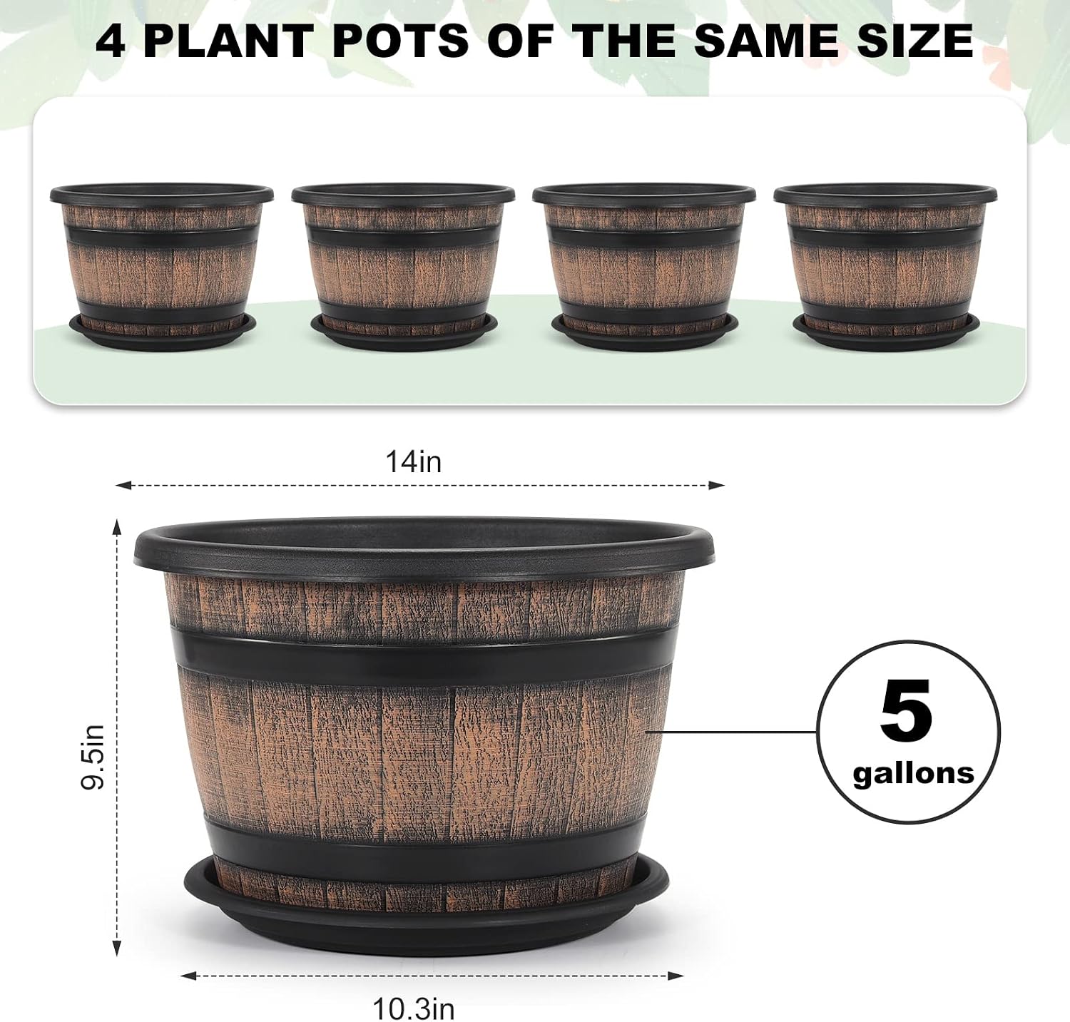 Detalle 2 de Quarut JND-88-22 14-Inch Plastic Whiskey Barrel Planters, 4-Pack with Saucers