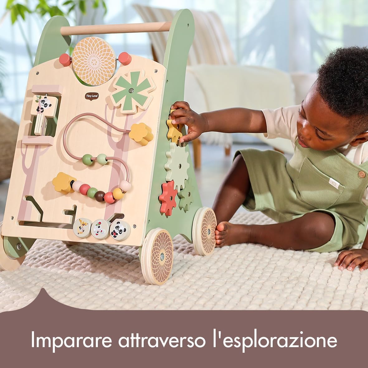 Detalle 2 de Tiny Love Walk Behind Carrello Primi Passi in Legno e Centro Attività Montessori – 12 Giochi Interattivi, Ruote Antiscivolo, 18+ Mesi, Boho Chic