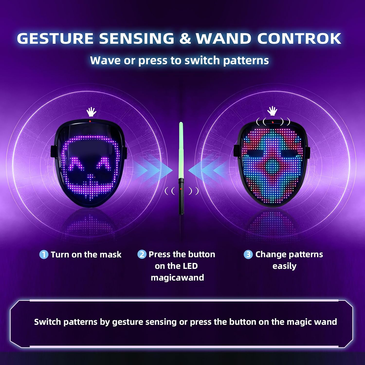 Detalle 2 de JDBMAOYE LED Mask and Wand Set with 70 Patterns