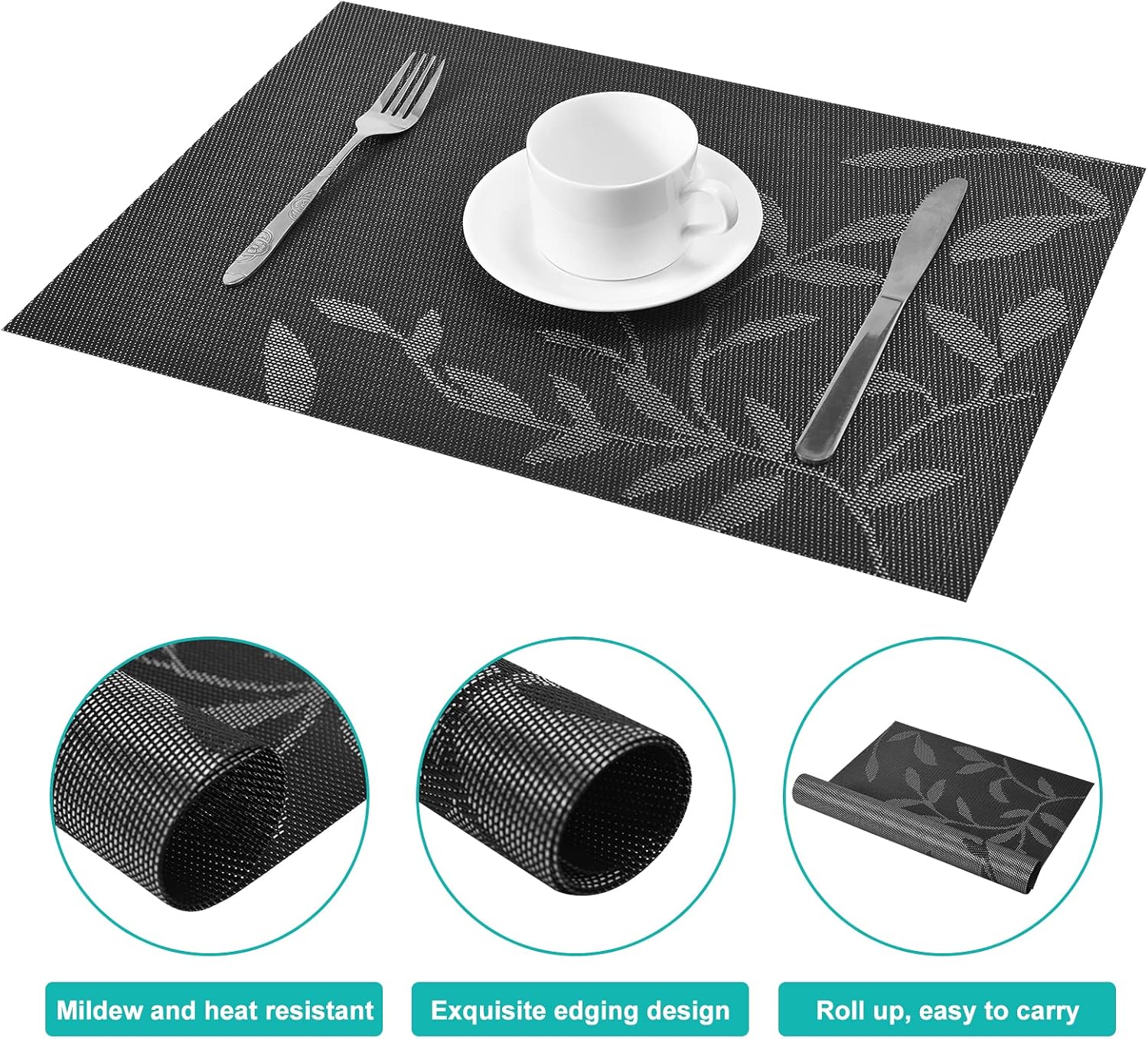 Thumbnail 2 de Miorkly Placemats and Coasters Sets of 6 Weaving Black Leaf