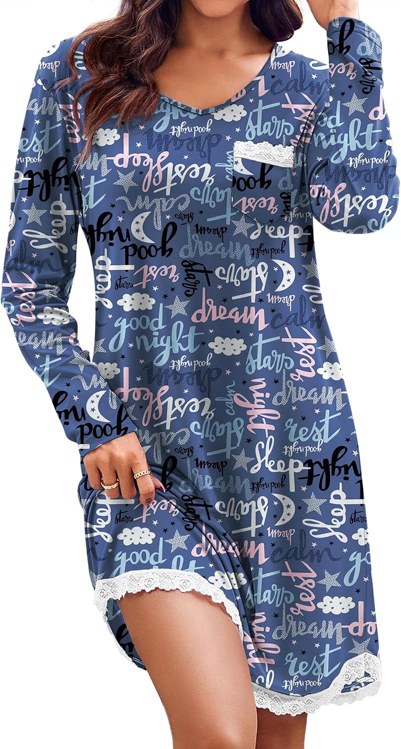 Detalle de Ekouaer Women's Long-Sleeve V-Neck Nightgown with Lace and Pocket