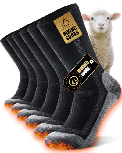 Detalle de Veximora Merino Wool Hiking Socks, Black 9–12, 3 Pairs, Cushioned & Thermal